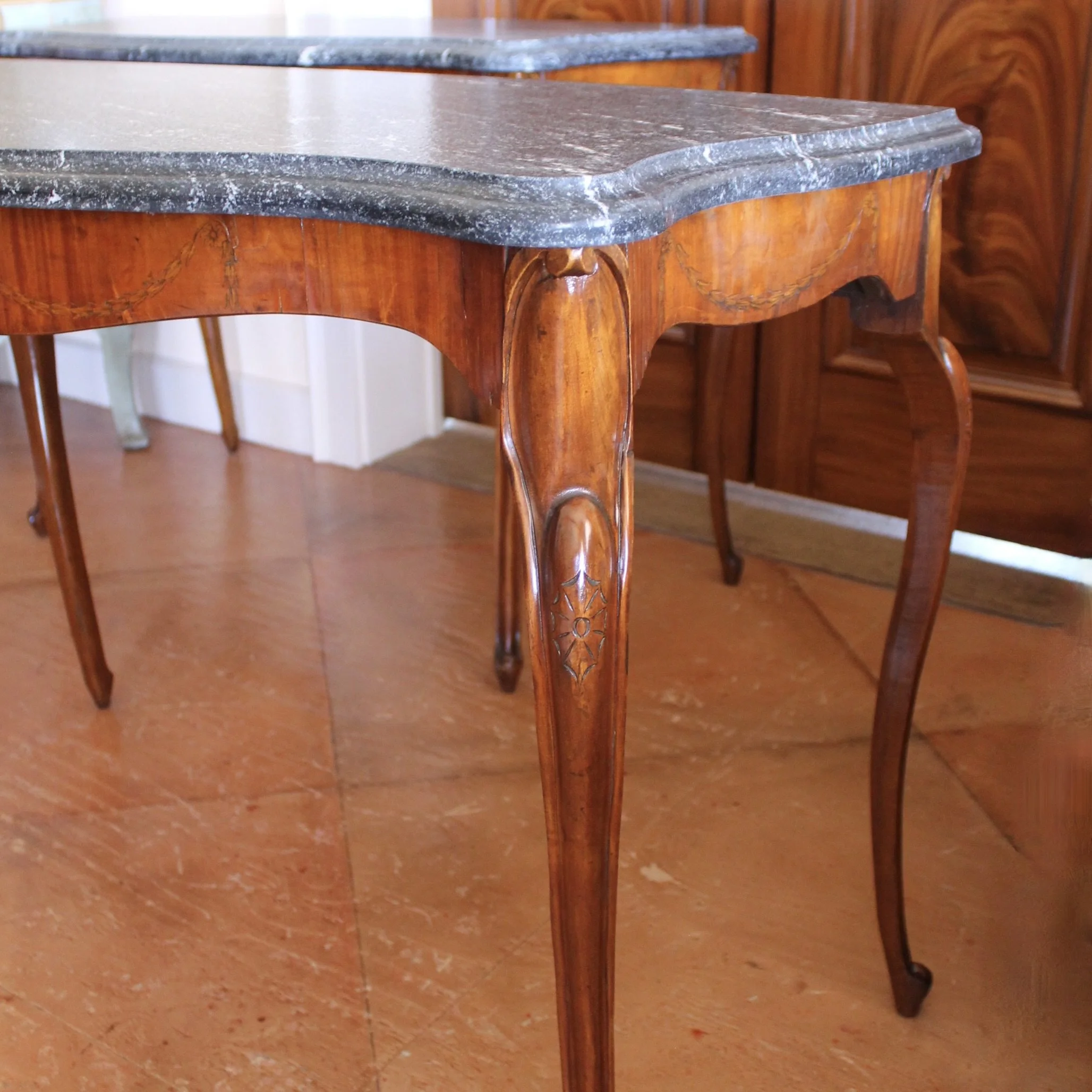 Pair of Edwardian Satinwood Marquetry Console Tables with Marble Tops