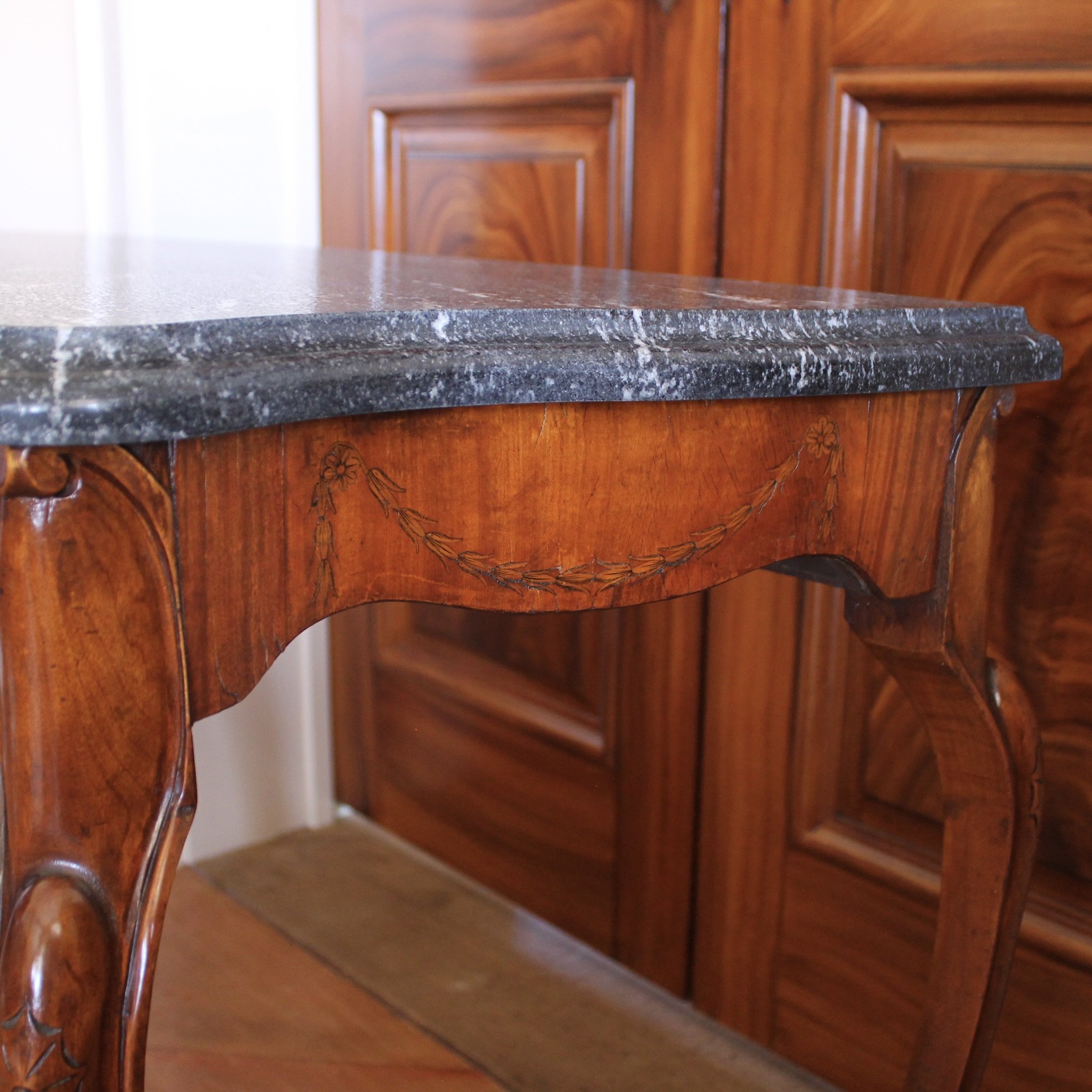 Pair of Edwardian Satinwood Marquetry Console Tables with Marble Tops