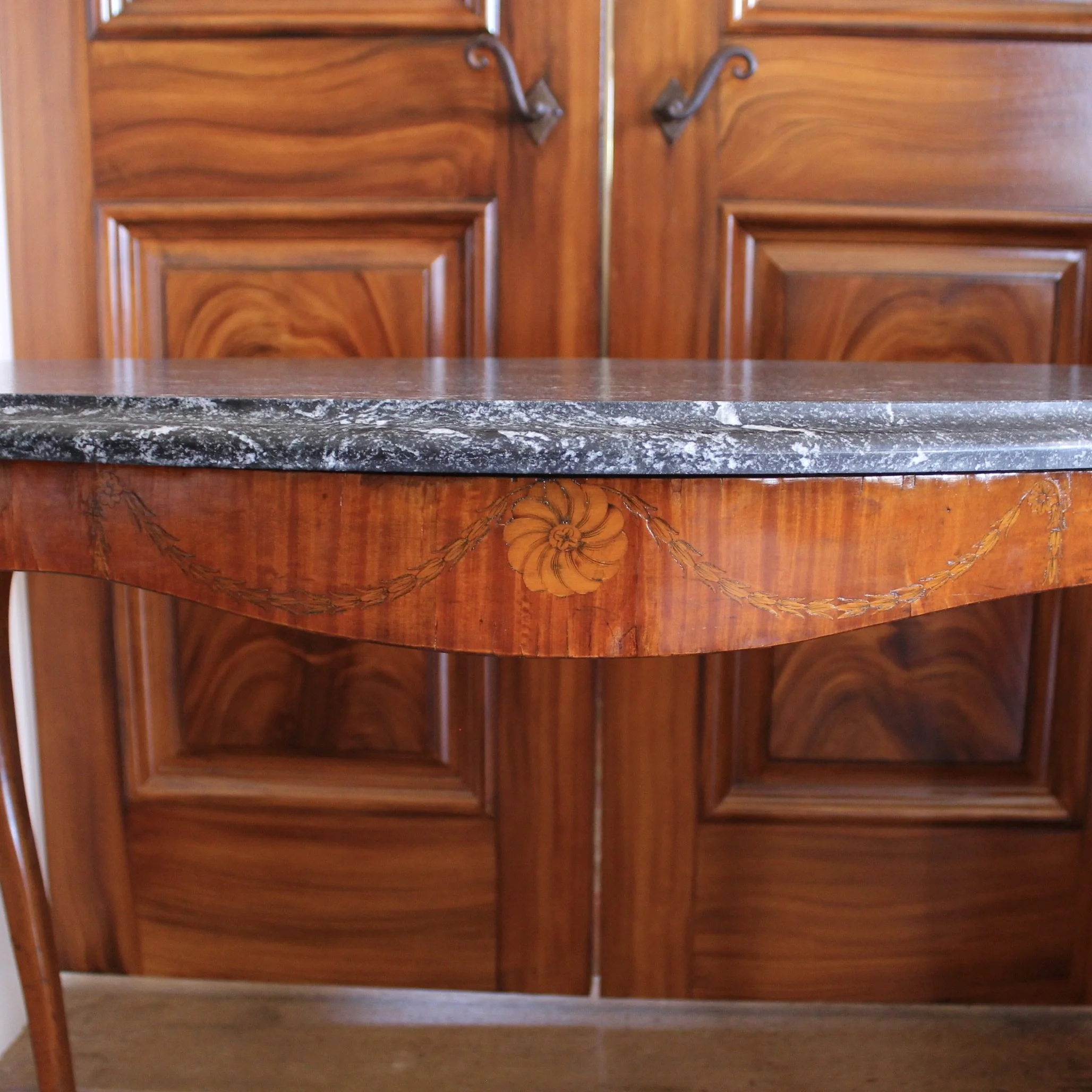 Pair of Edwardian Satinwood Marquetry Console Tables with Marble Tops