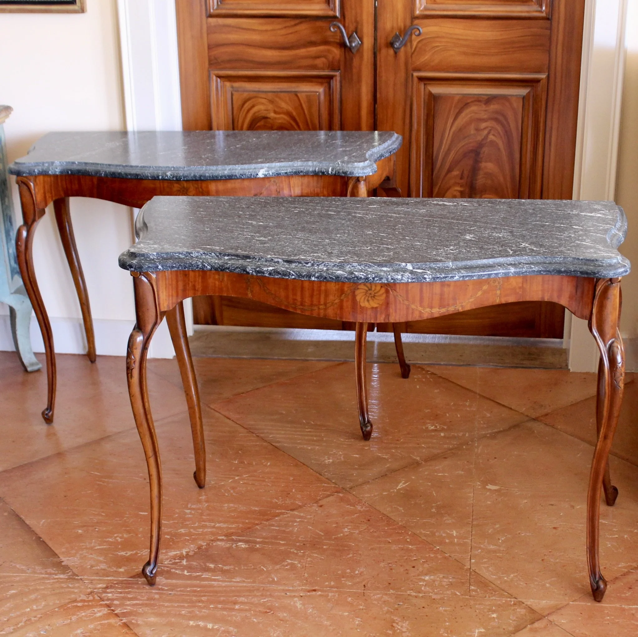 Pair of Edwardian Satinwood Marquetry Console Tables with Marble Tops