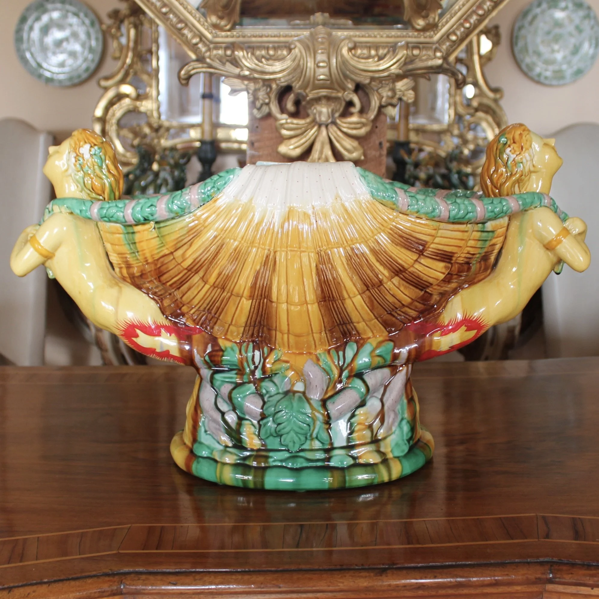 Large Majolica Sea Shell Centerpiece Bowl with Mermaid Caryatids, Minton
