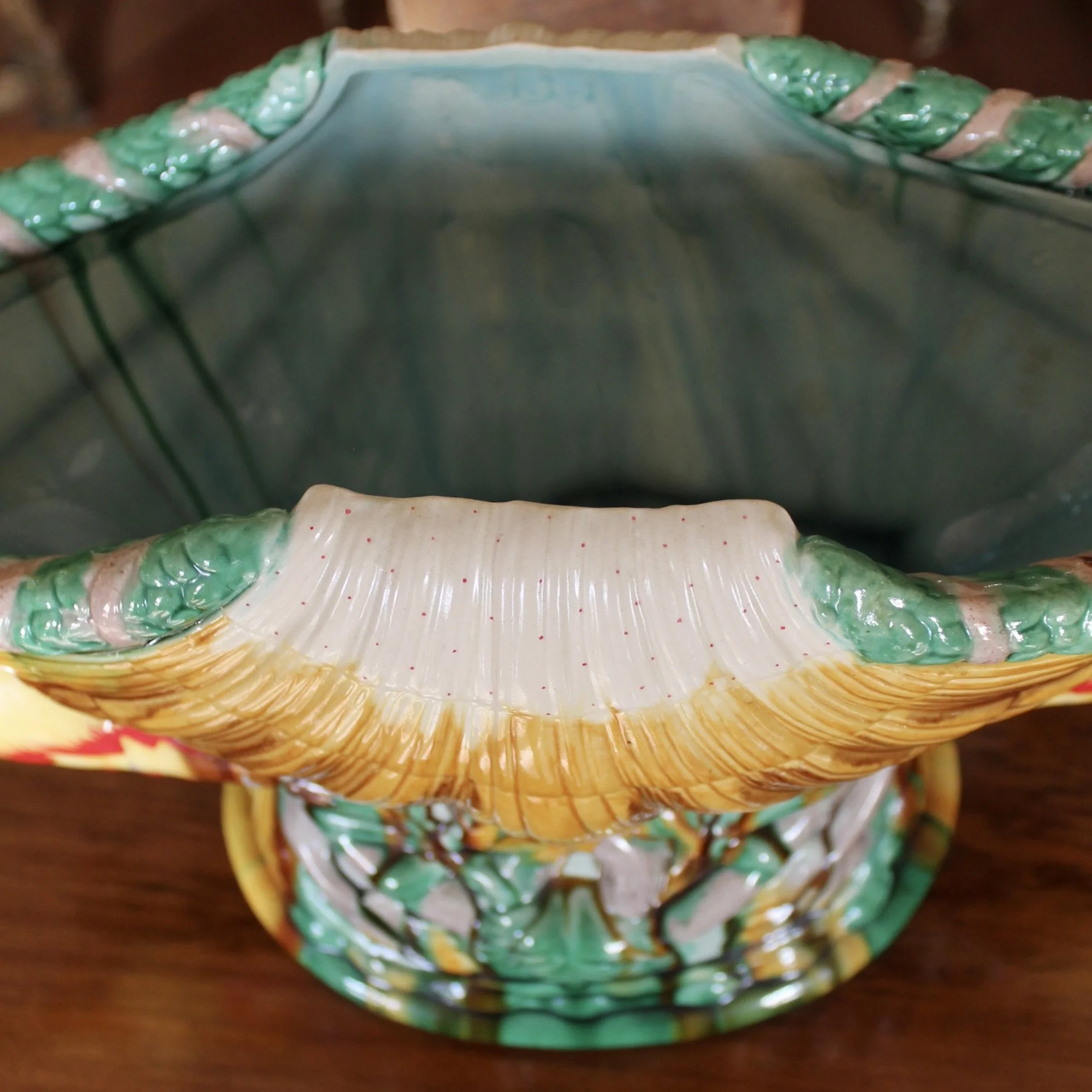 Large Majolica Sea Shell Centerpiece Bowl with Mermaid Caryatids, Minton