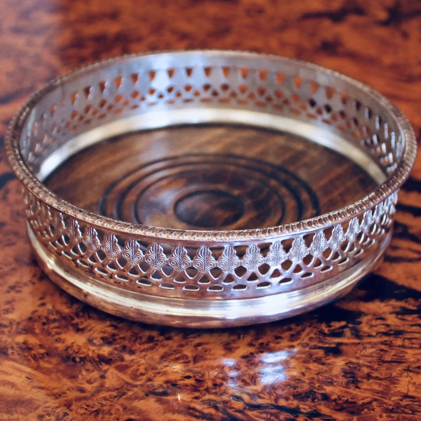 English Silver on Copper Galleried Wine Coaster