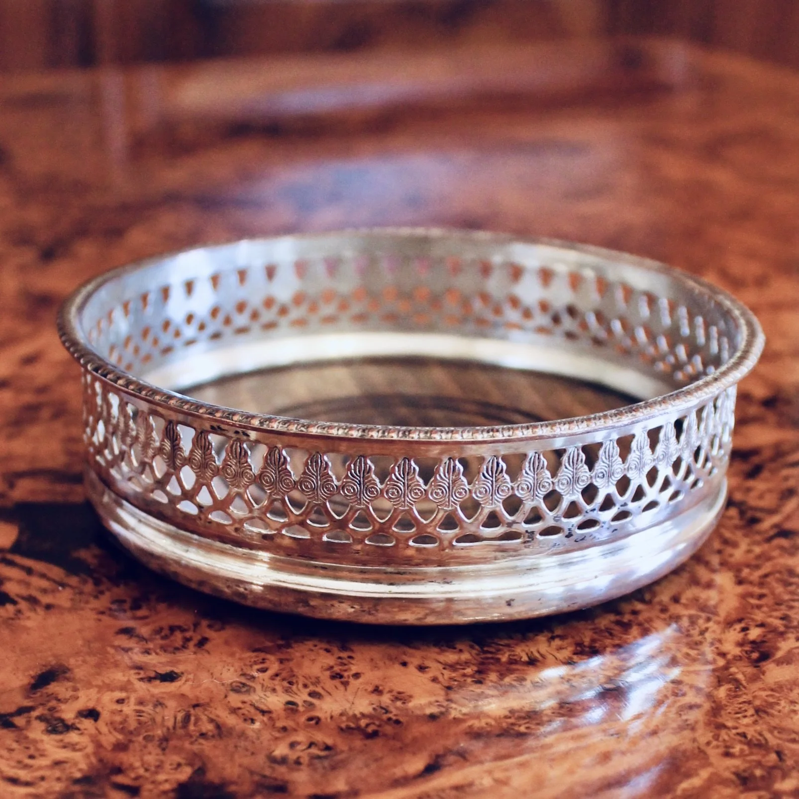 English Silver on Copper Galleried Wine Coaster