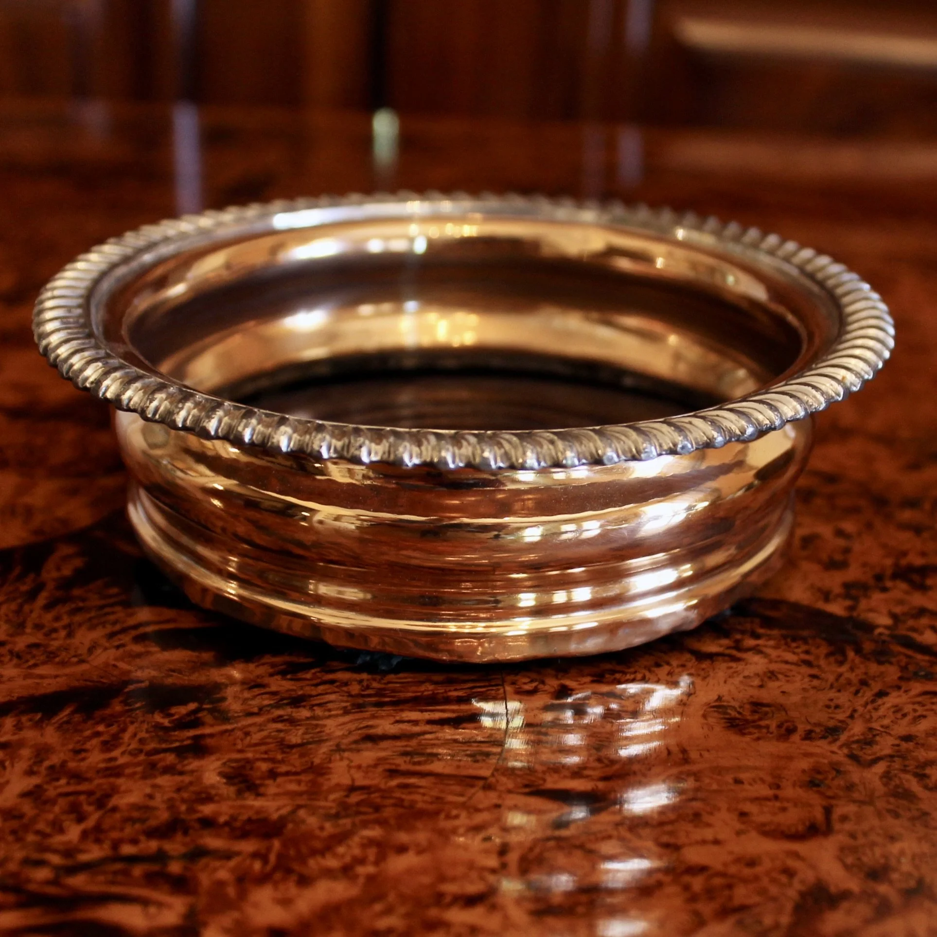 English Silver on Copper Wine Coaster with Gadrooned Rim