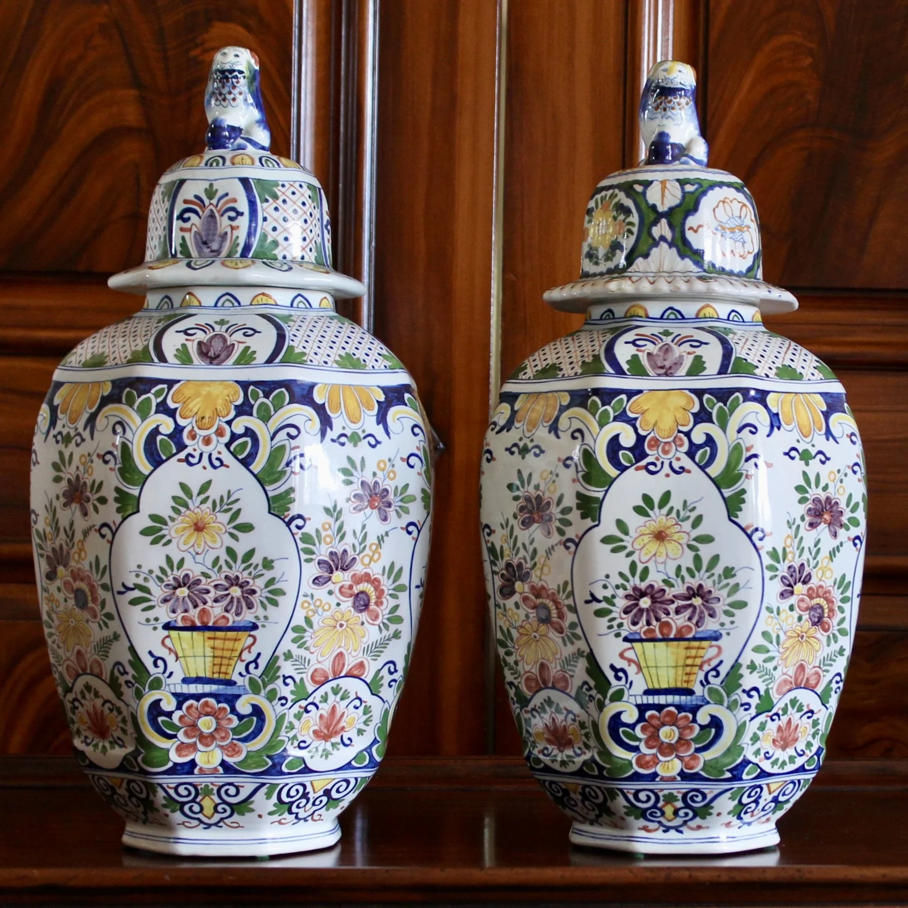 Large Delftware Polychrome Covered Jars With Lion Finials- a Pair