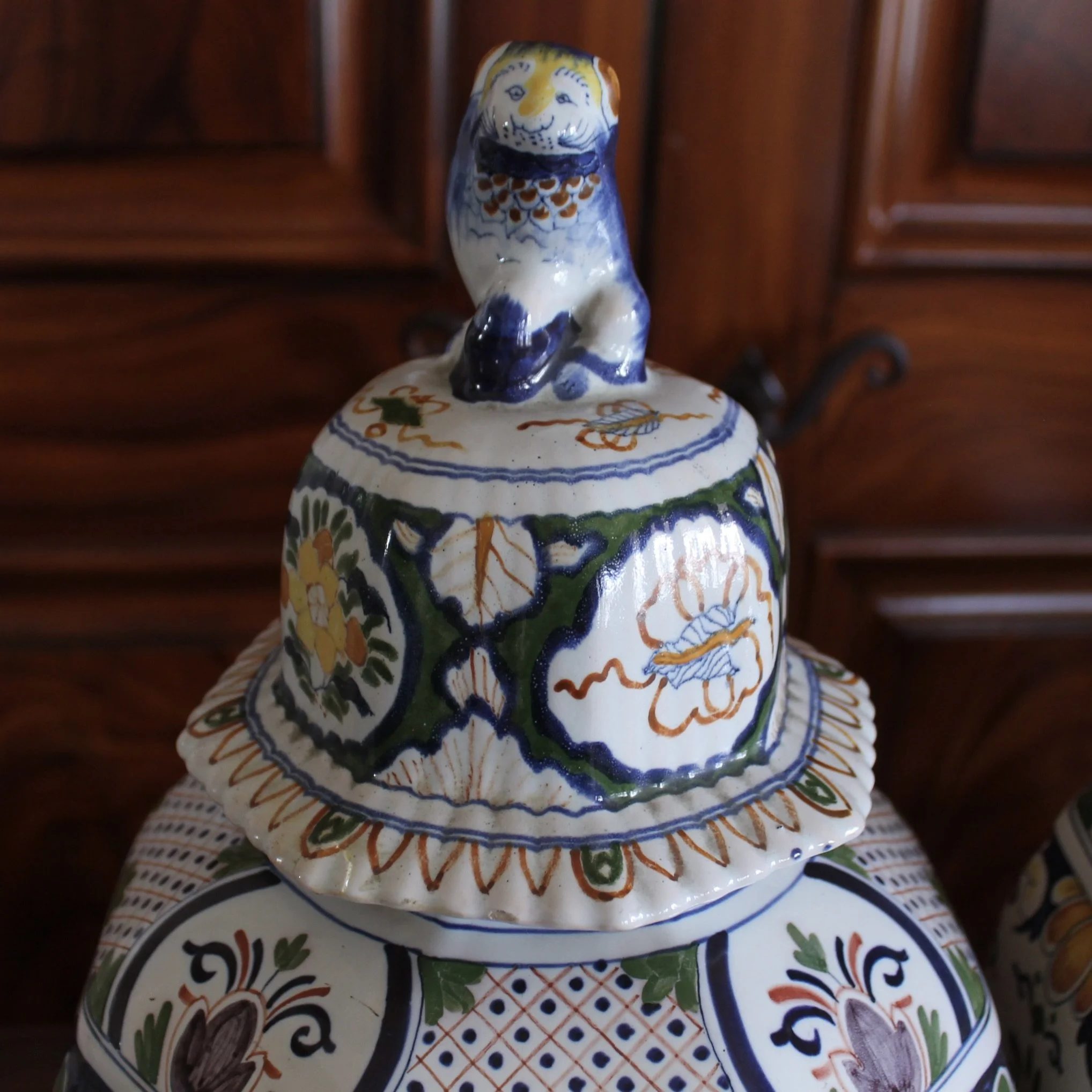 Large Delftware Polychrome Covered Jars With Lion Finials- a Pair