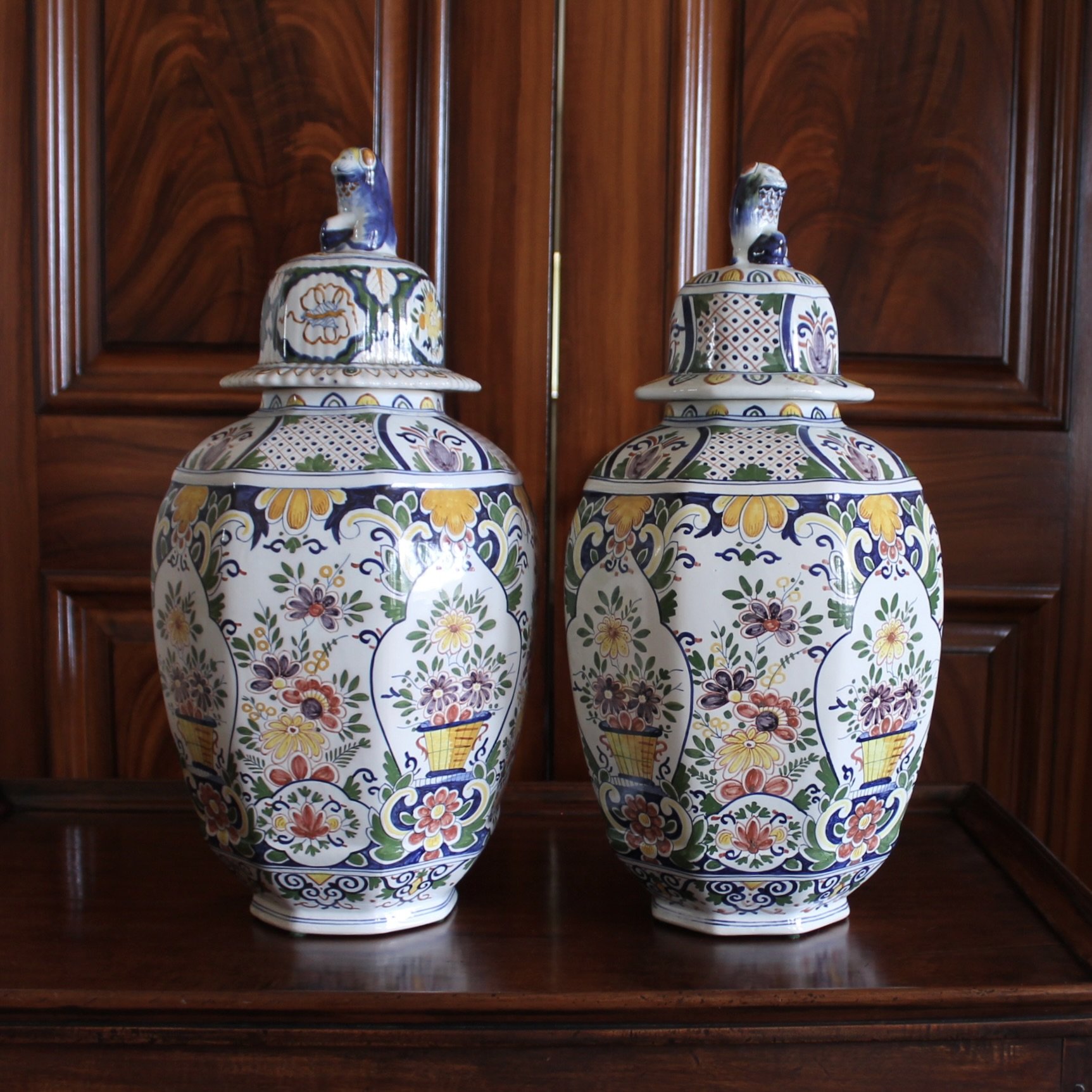 Large Delftware Polychrome Covered Jars With Lion Finials- a Pair
