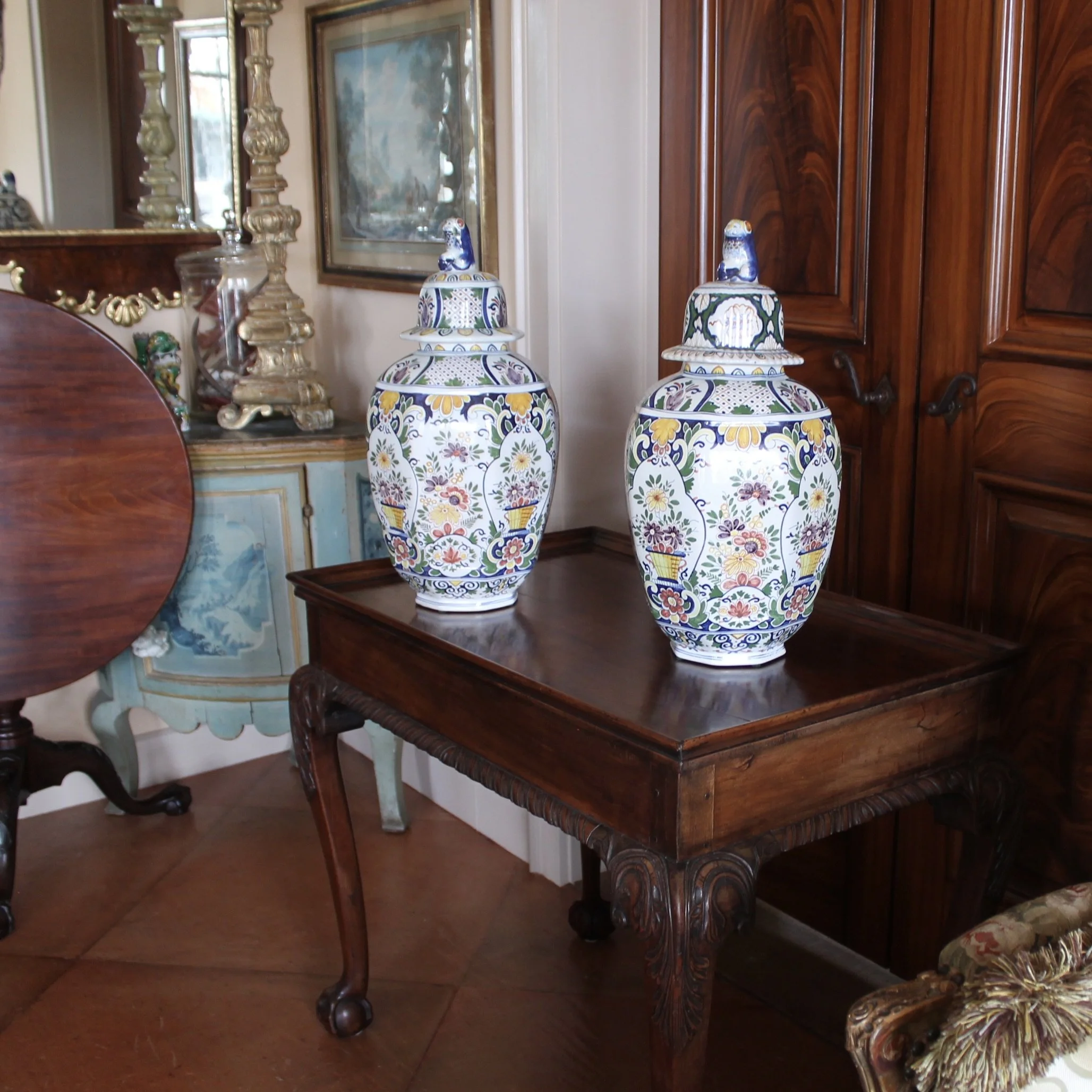Large Delftware Polychrome Covered Jars With Lion Finials- a Pair