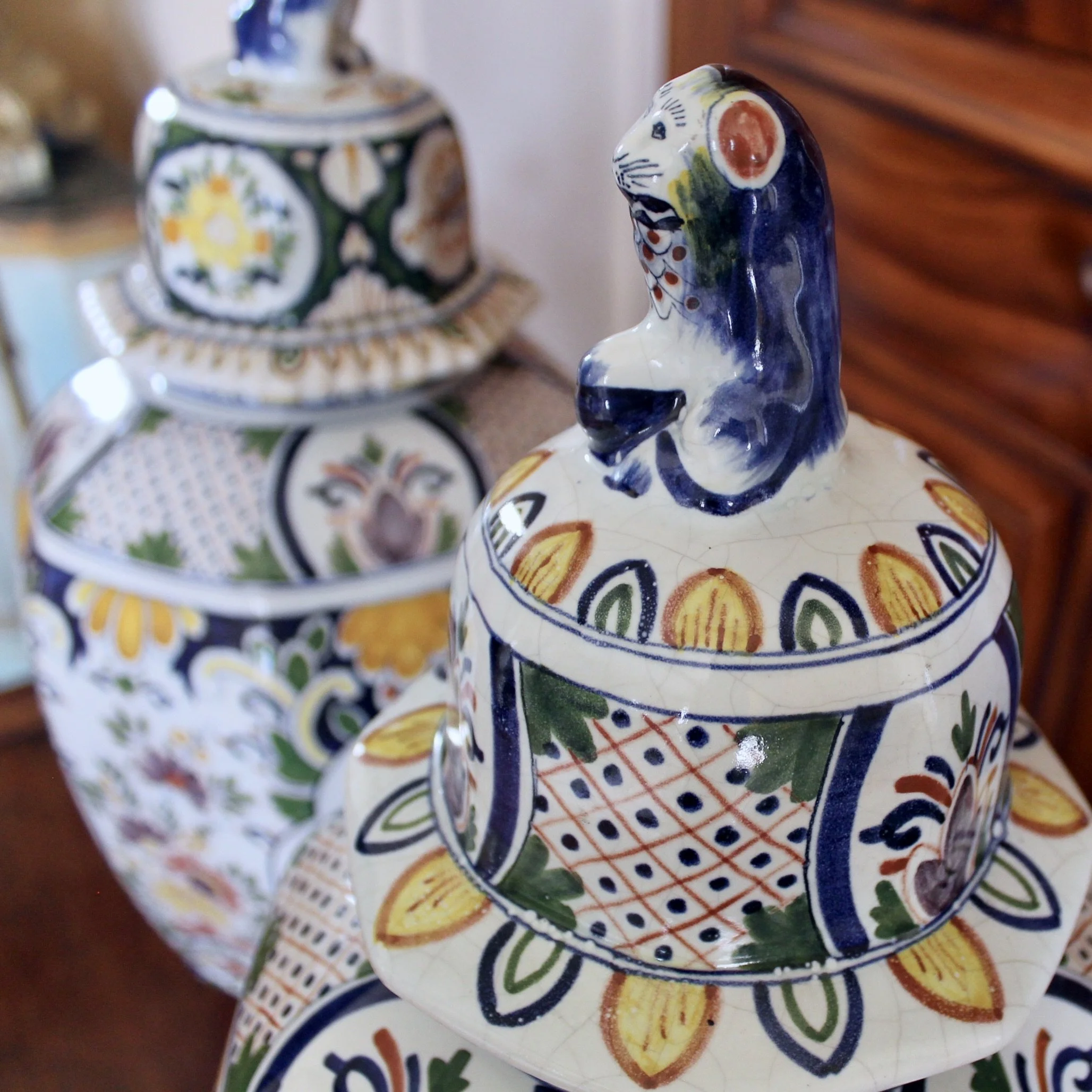 Large Delftware Polychrome Covered Jars With Lion Finials- a Pair