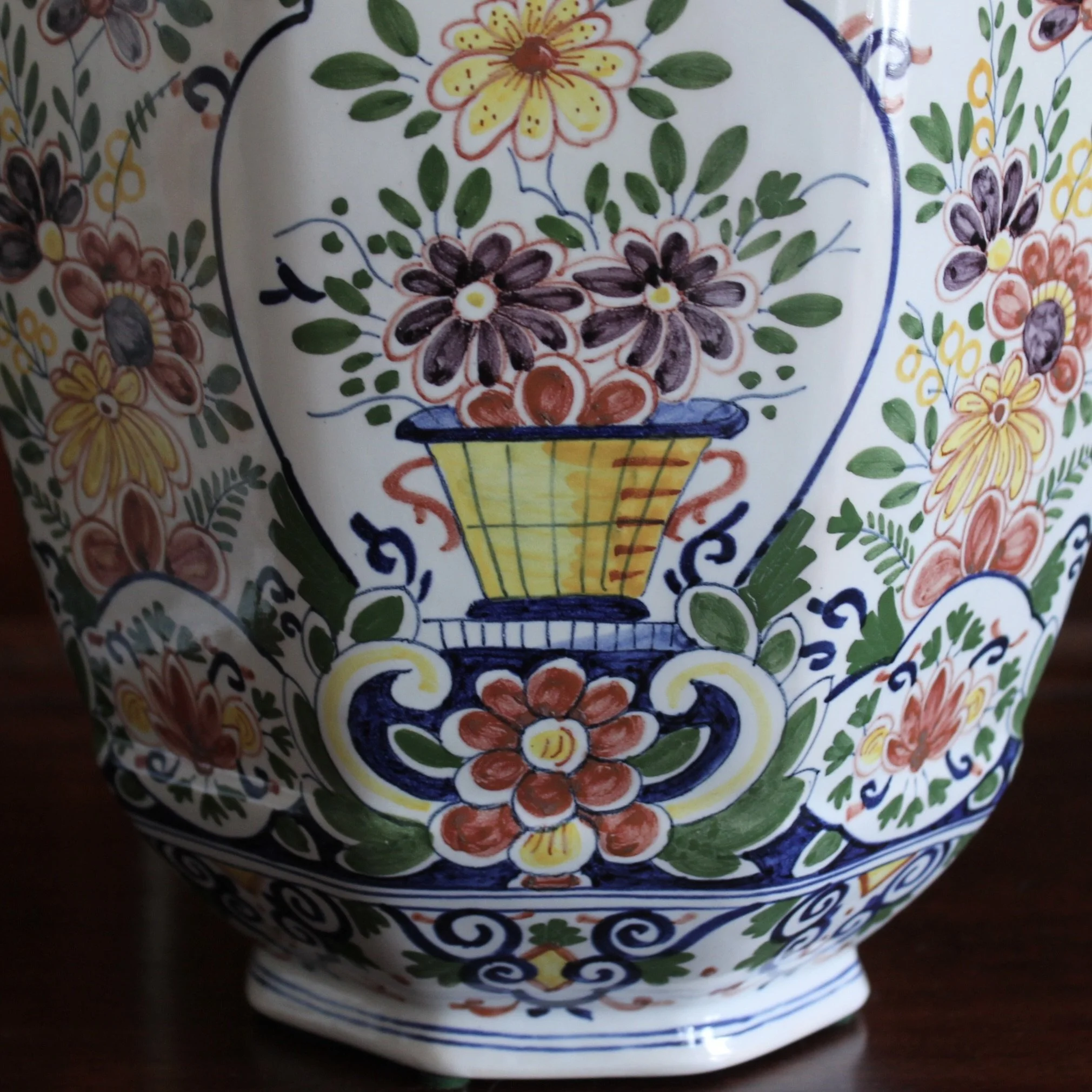 Large Delftware Polychrome Covered Jars With Lion Finials- a Pair