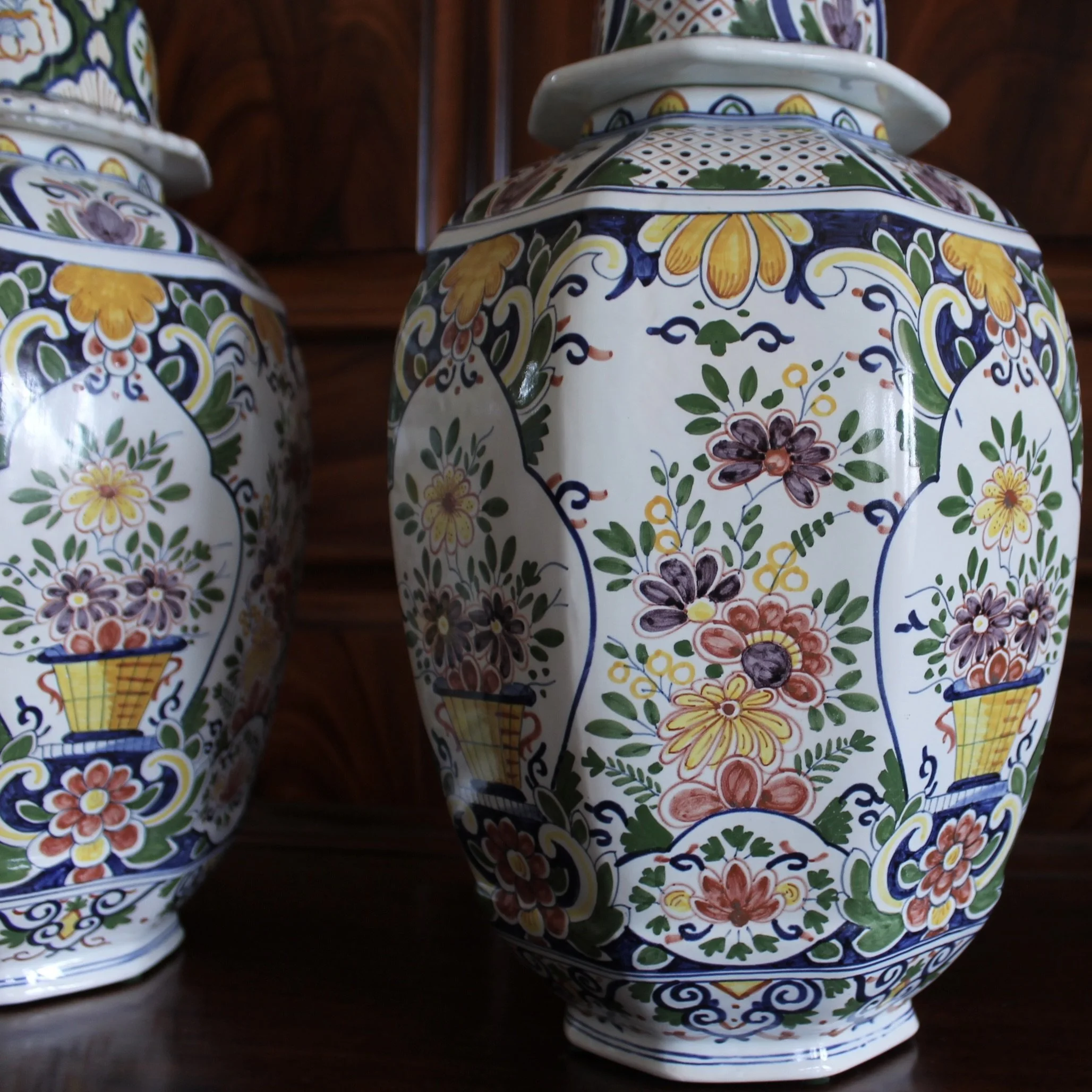 Large Delftware Polychrome Covered Jars With Lion Finials- a Pair