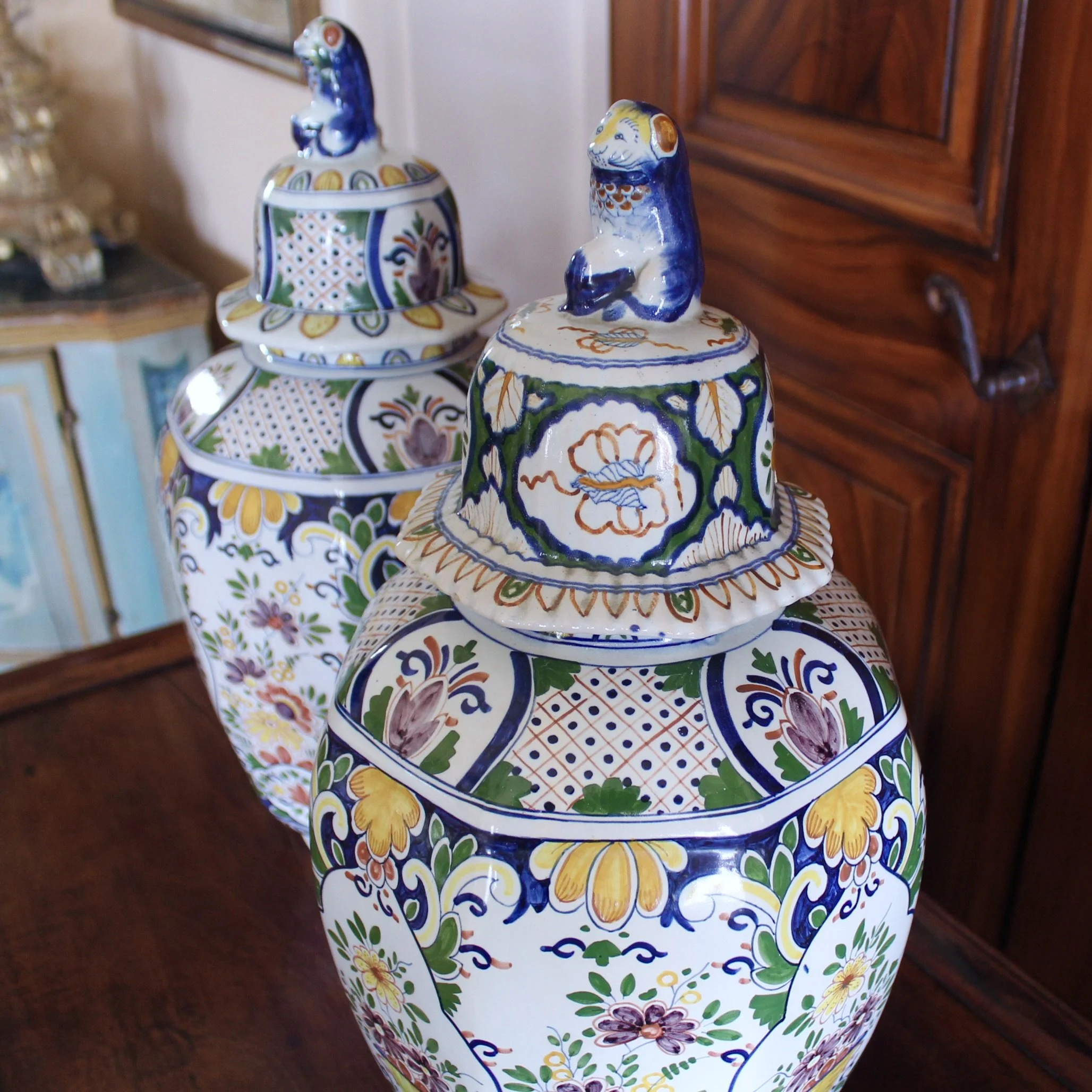 Large Delftware Polychrome Covered Jars With Lion Finials- a Pair