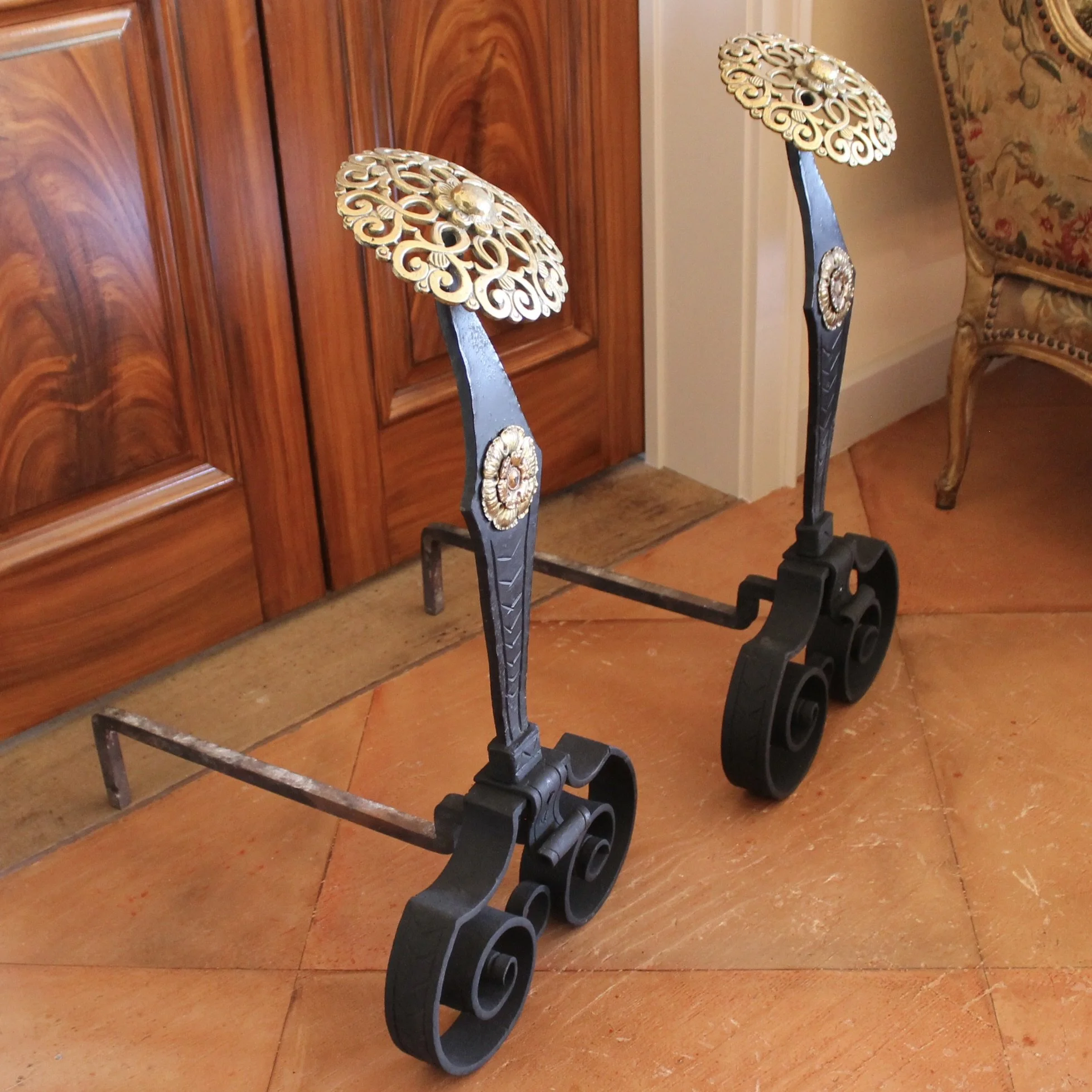 Large Arts and Crafts Wrought Iron Andirons with Brass