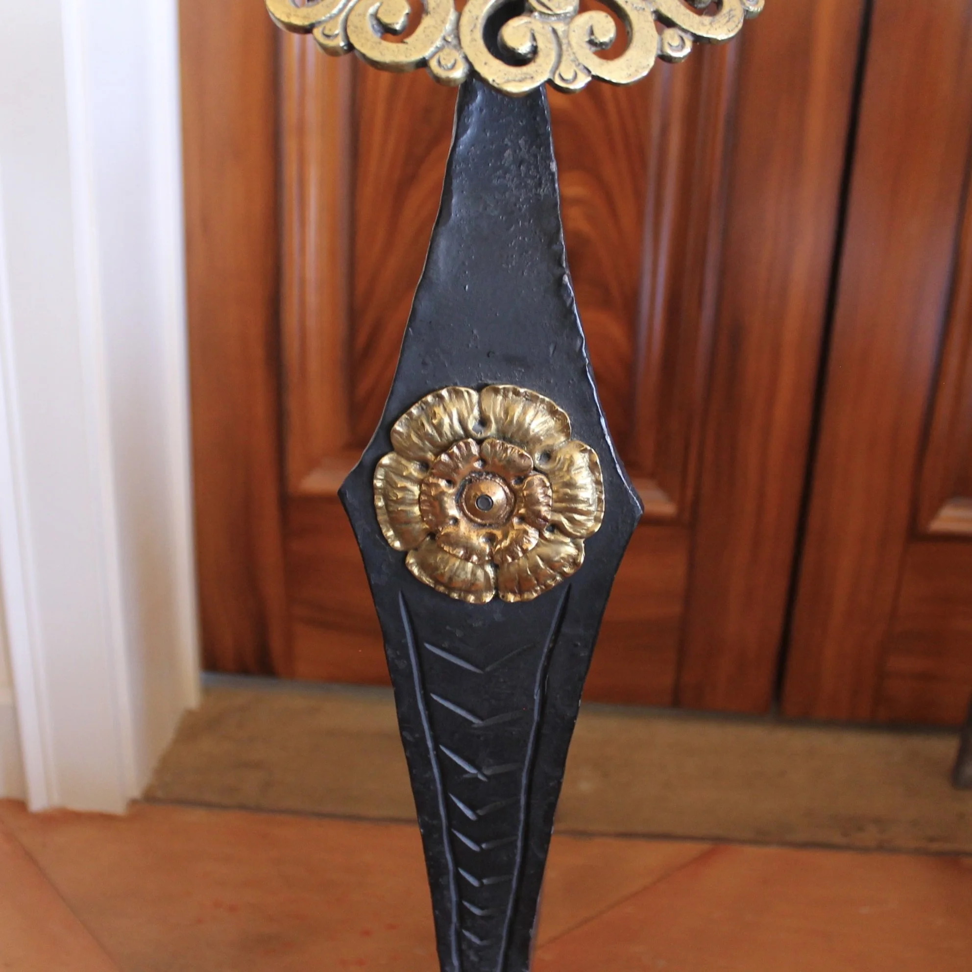 Large Arts and Crafts Wrought Iron Andirons with Brass