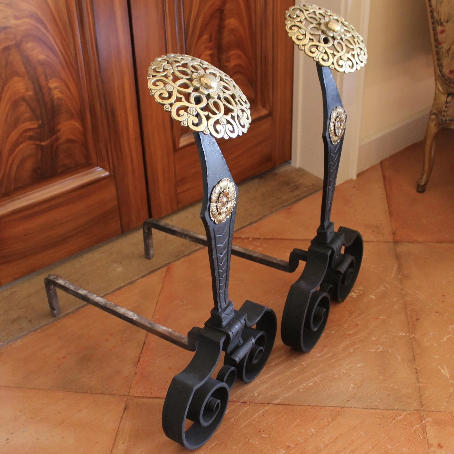 Large Arts and Crafts Wrought Iron Andirons with Brass