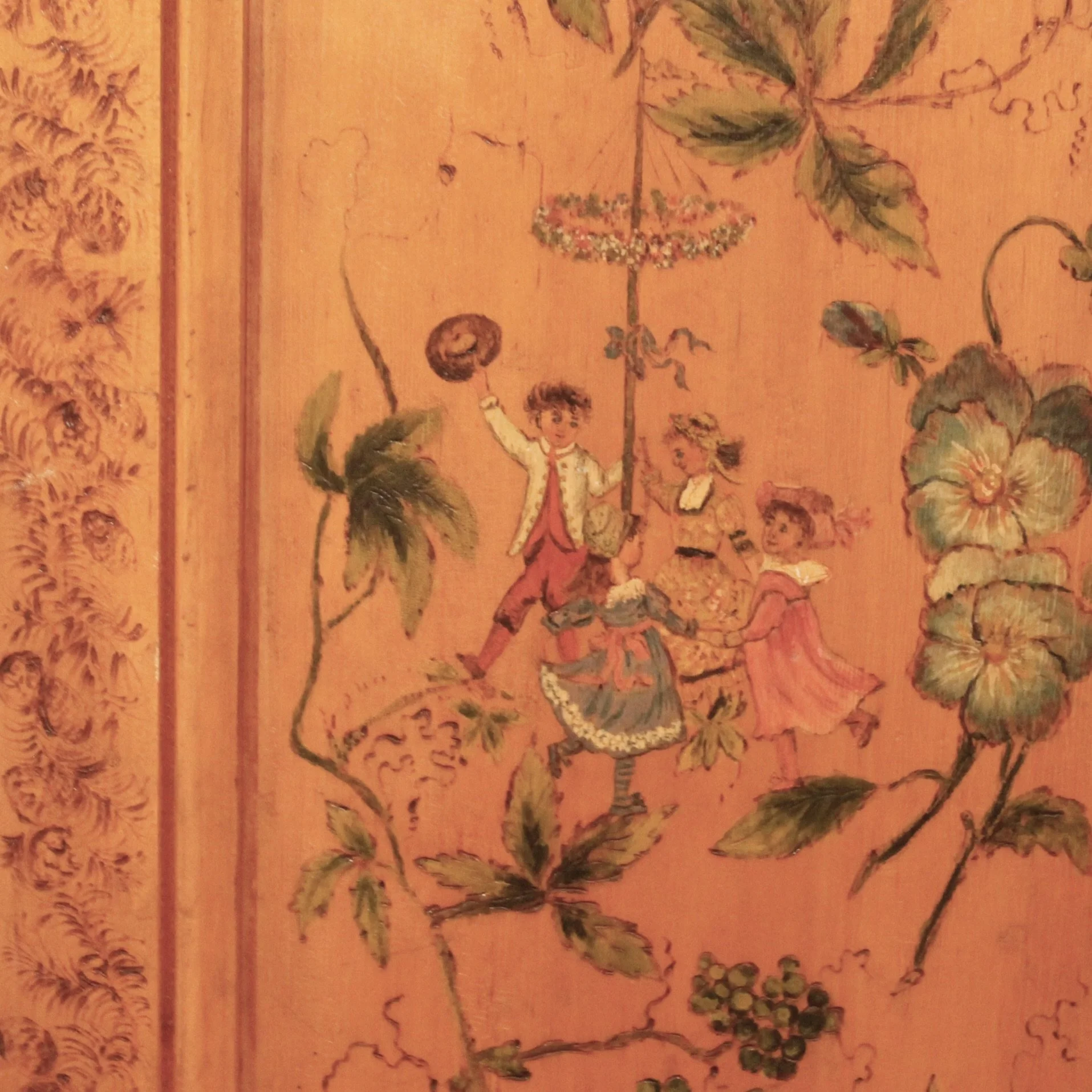 Swedish Blonde Wood Corner Cupboard Painted with Flowers