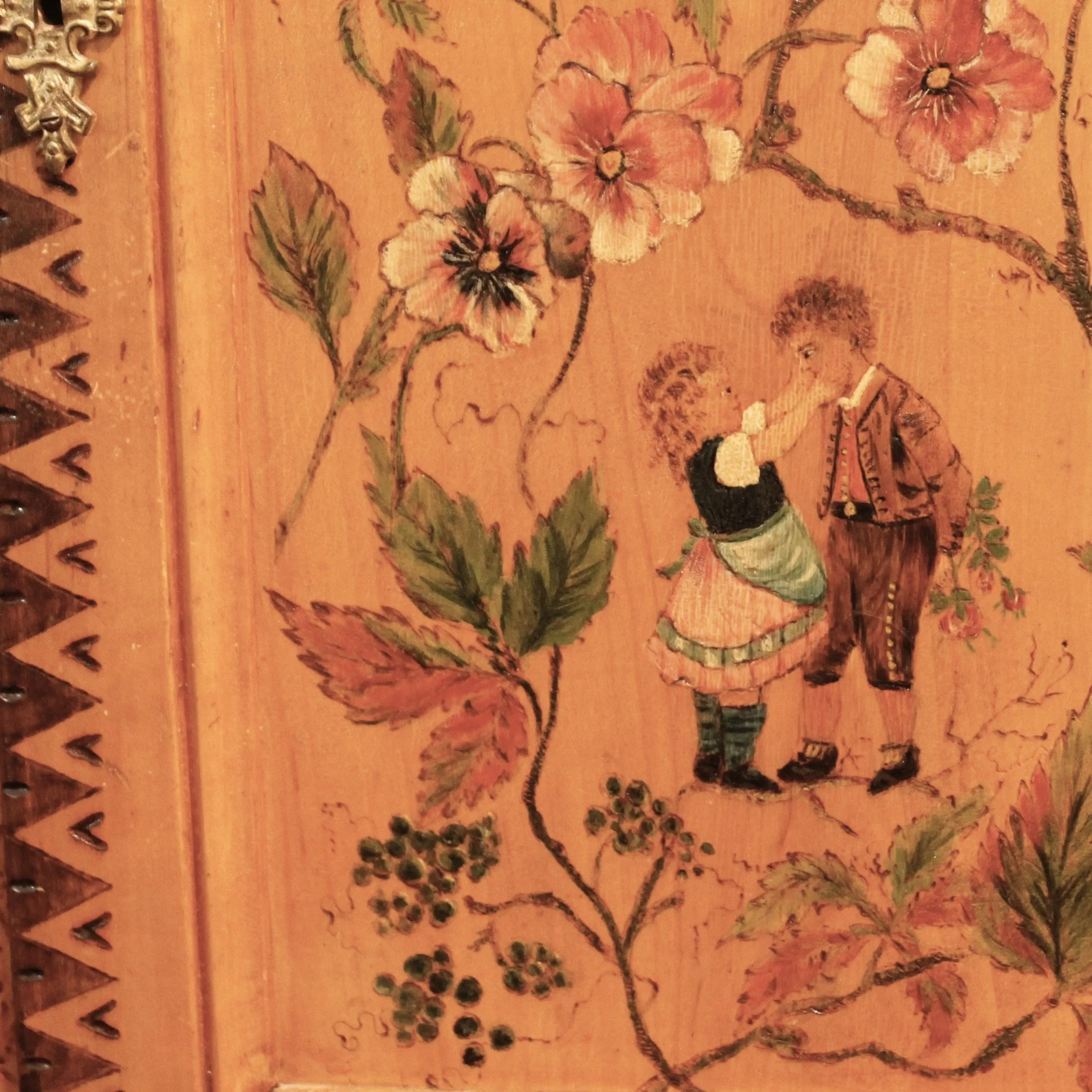 Swedish Blonde Wood Corner Cupboard Painted with Flowers