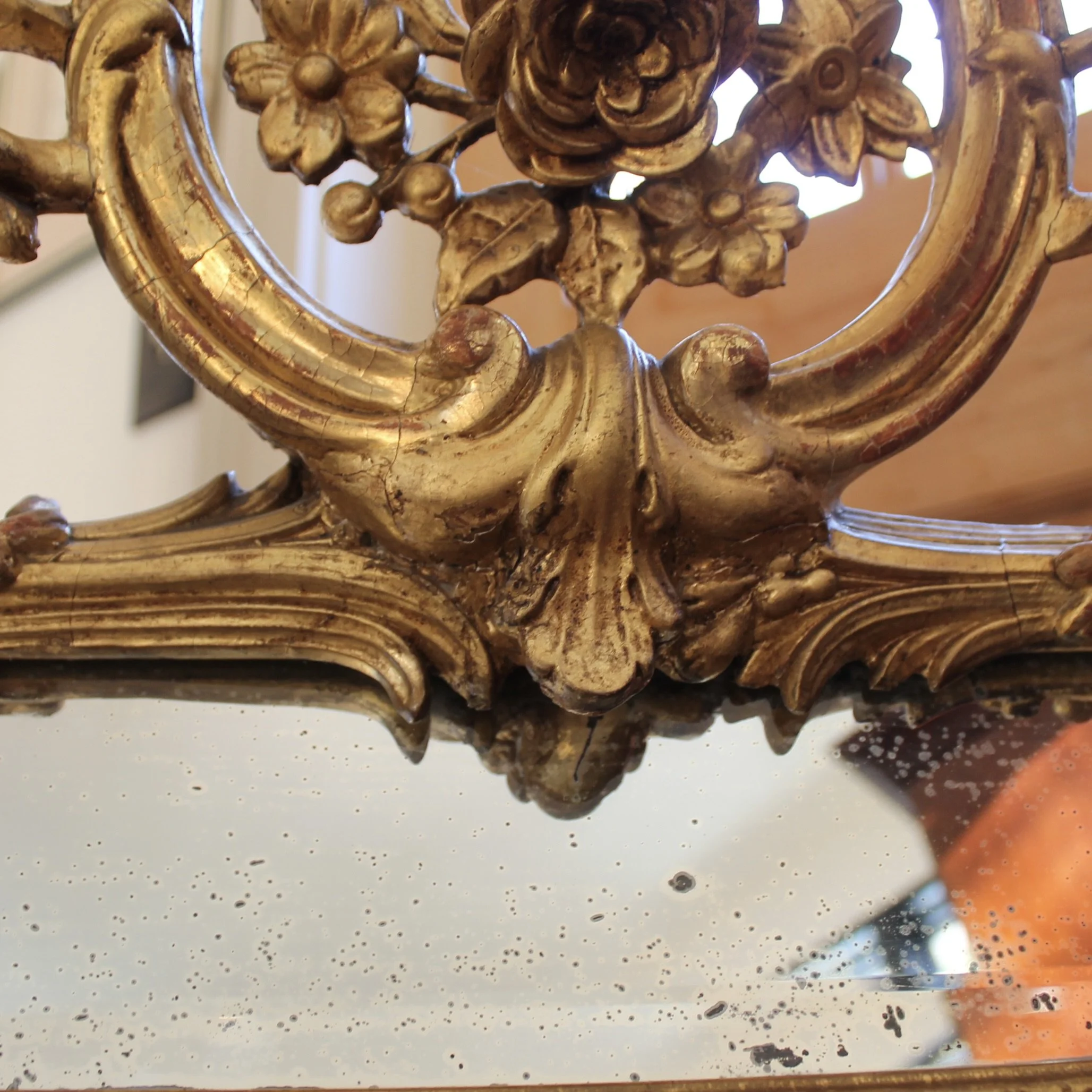 Large French Giltwood Rococo Carved Mirror with Palm Fronds