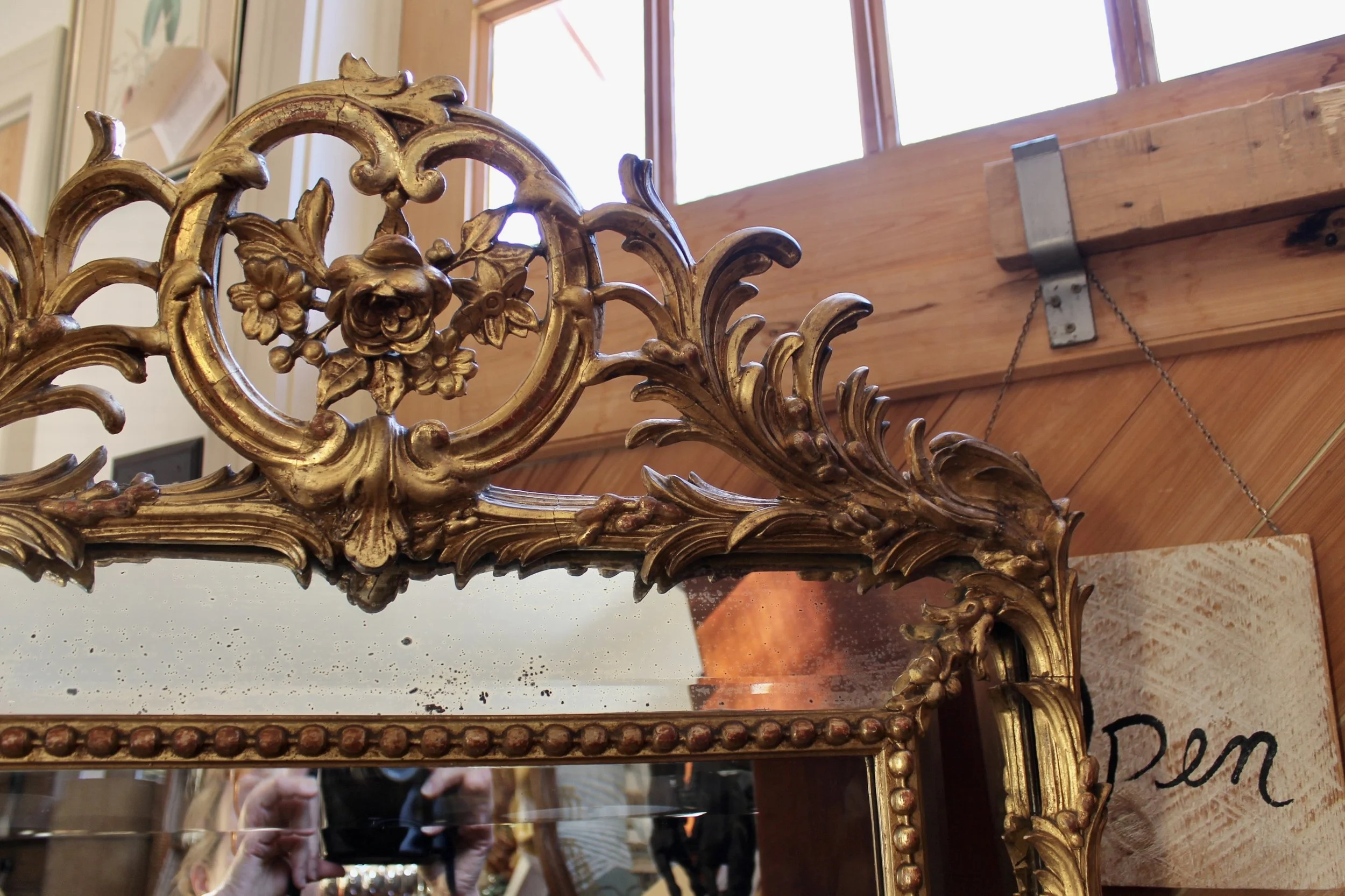 Large French Giltwood Rococo Carved Mirror with Palm Fronds