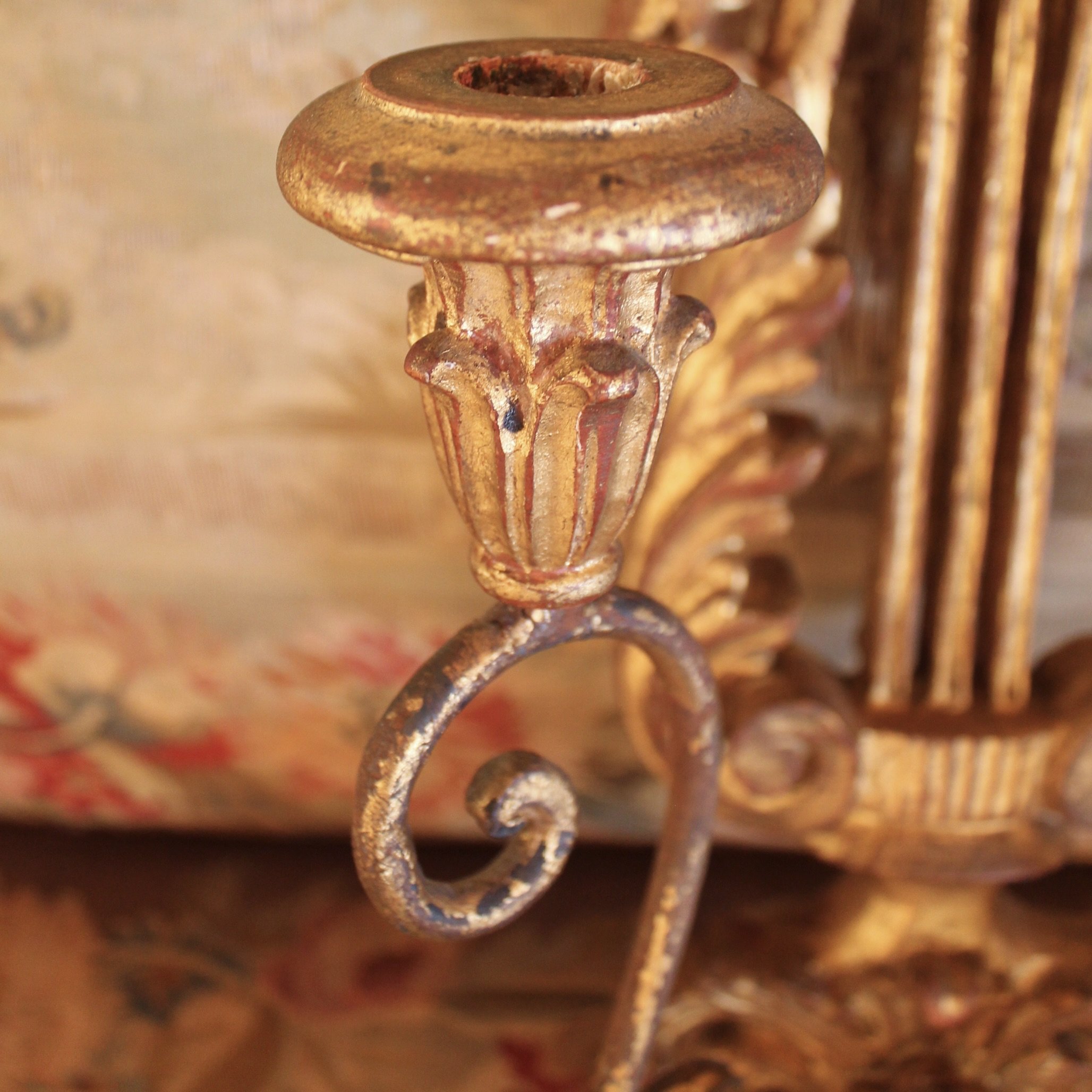Pair of Italian Gilt Wood and Metal Lyre Candle Sconces