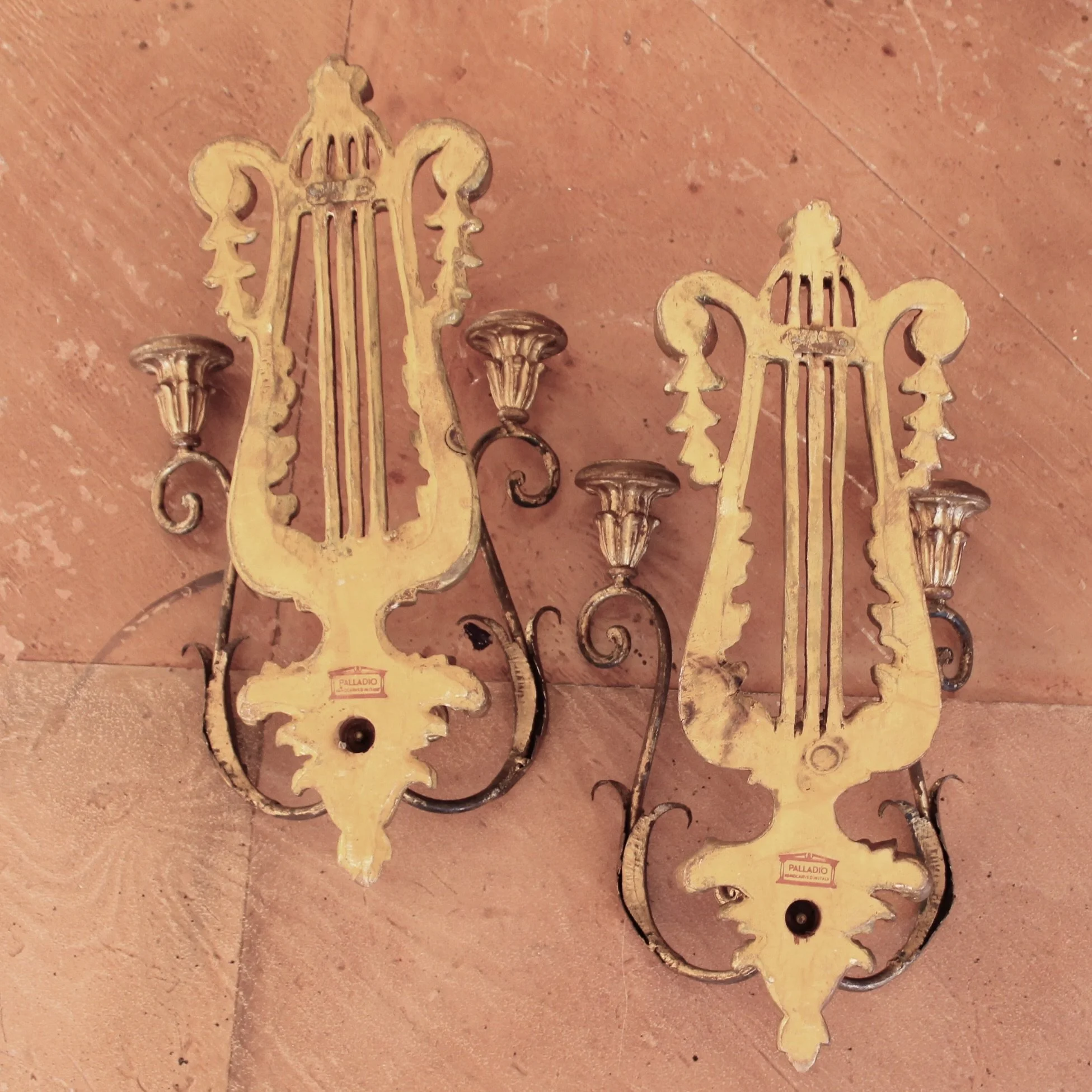 Pair of Italian Gilt Wood and Metal Lyre Candle Sconces