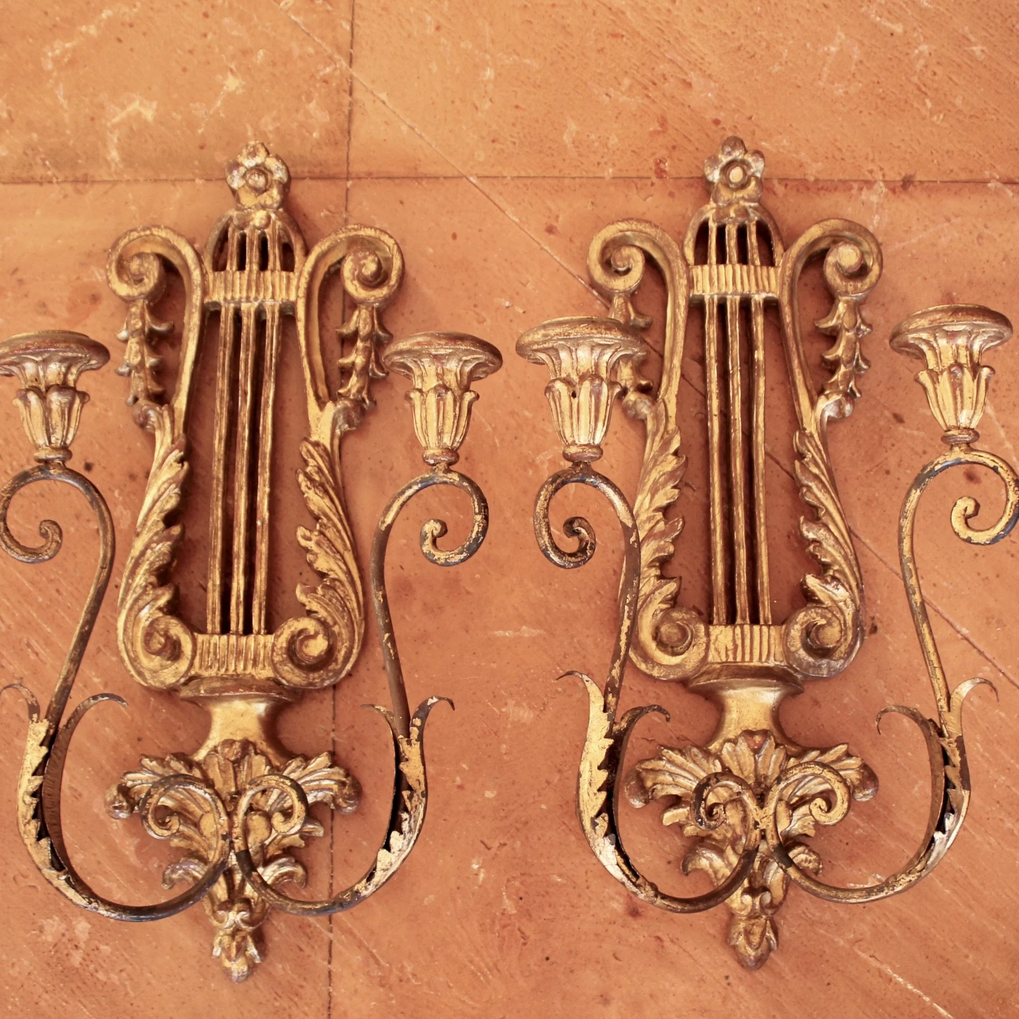 Pair of Italian Gilt Wood and Metal Lyre Candle Sconces