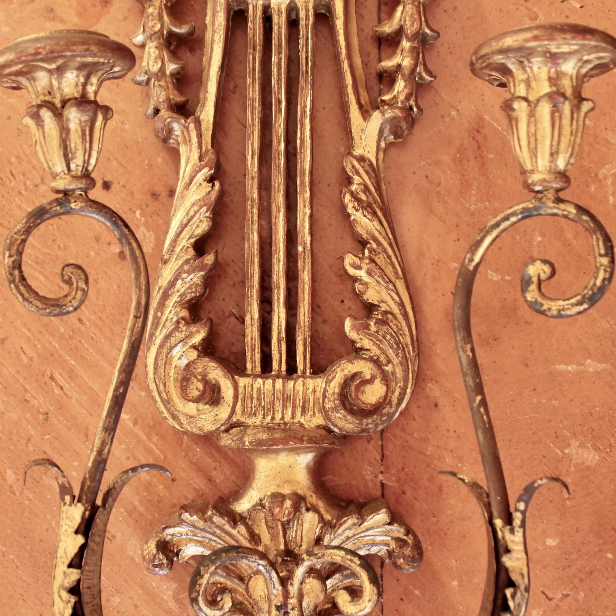 Pair of Italian Gilt Wood and Metal Lyre Candle Sconces