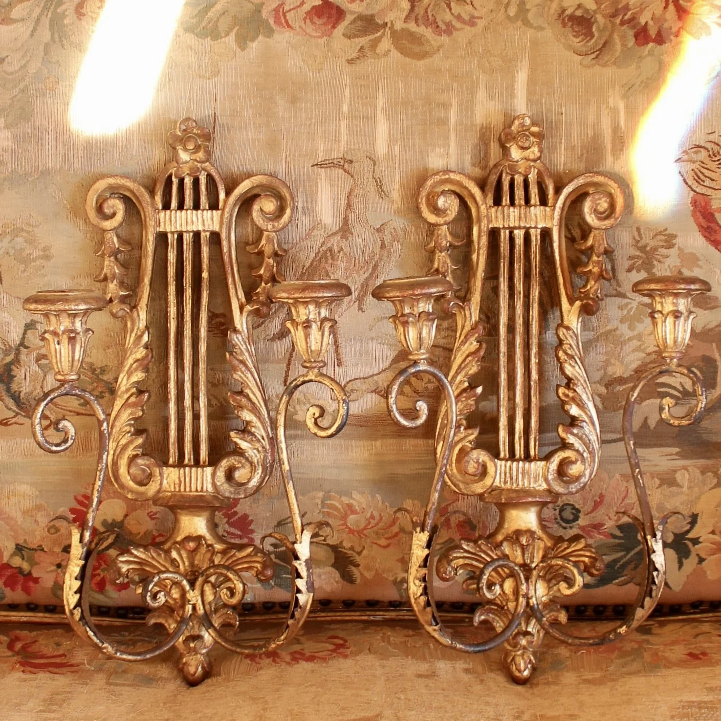 Pair of Italian Gilt Wood and Metal Lyre Candle Sconces