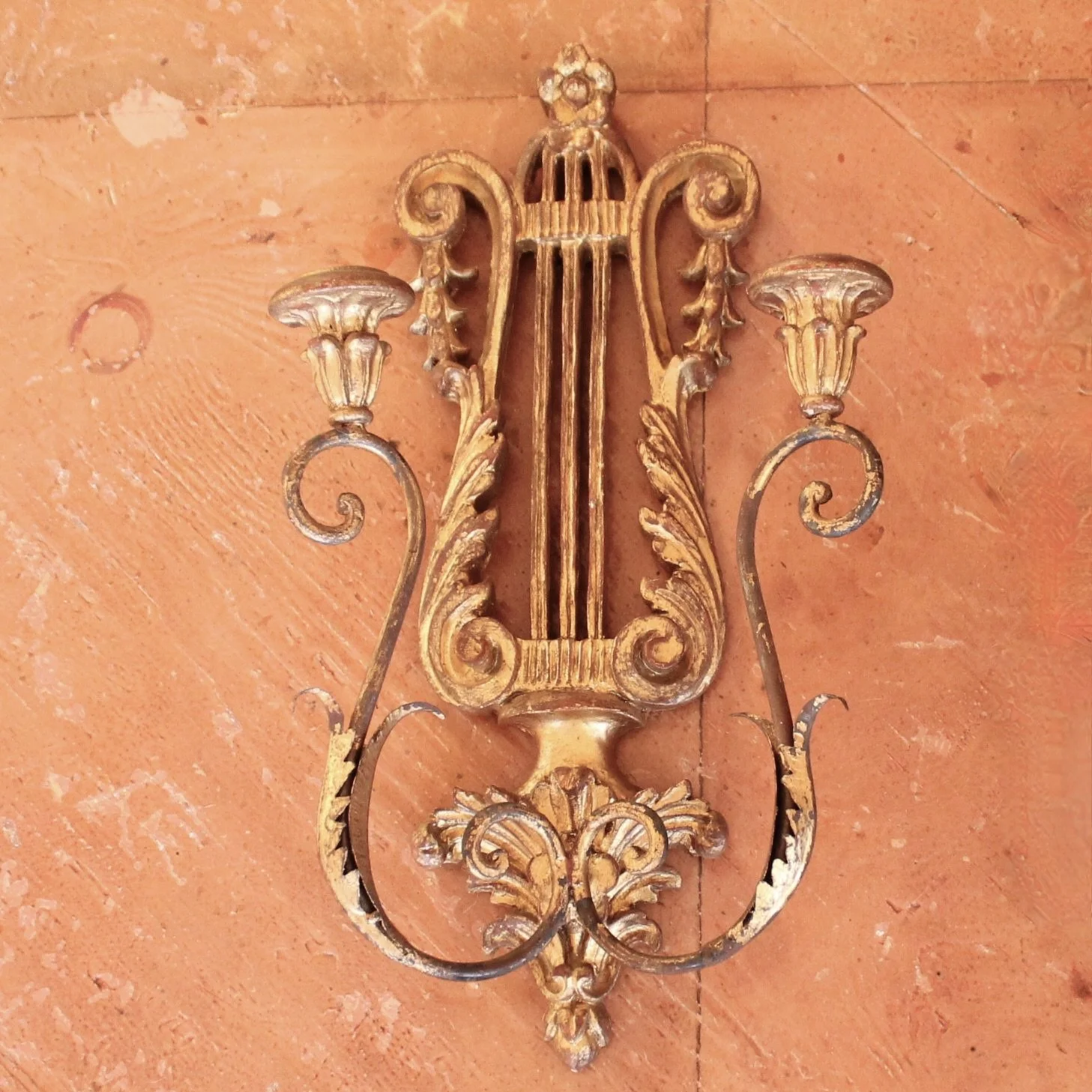 Pair of Italian Gilt Wood and Metal Lyre Candle Sconces