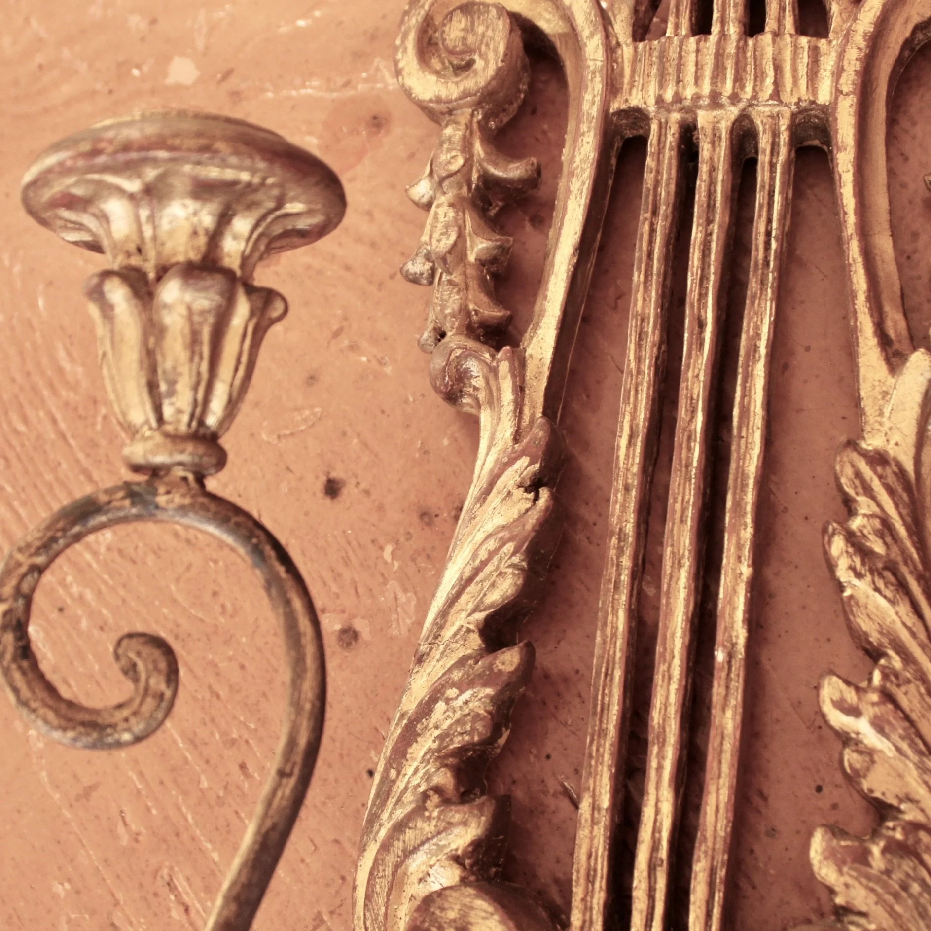 Pair of Italian Gilt Wood and Metal Lyre Candle Sconces