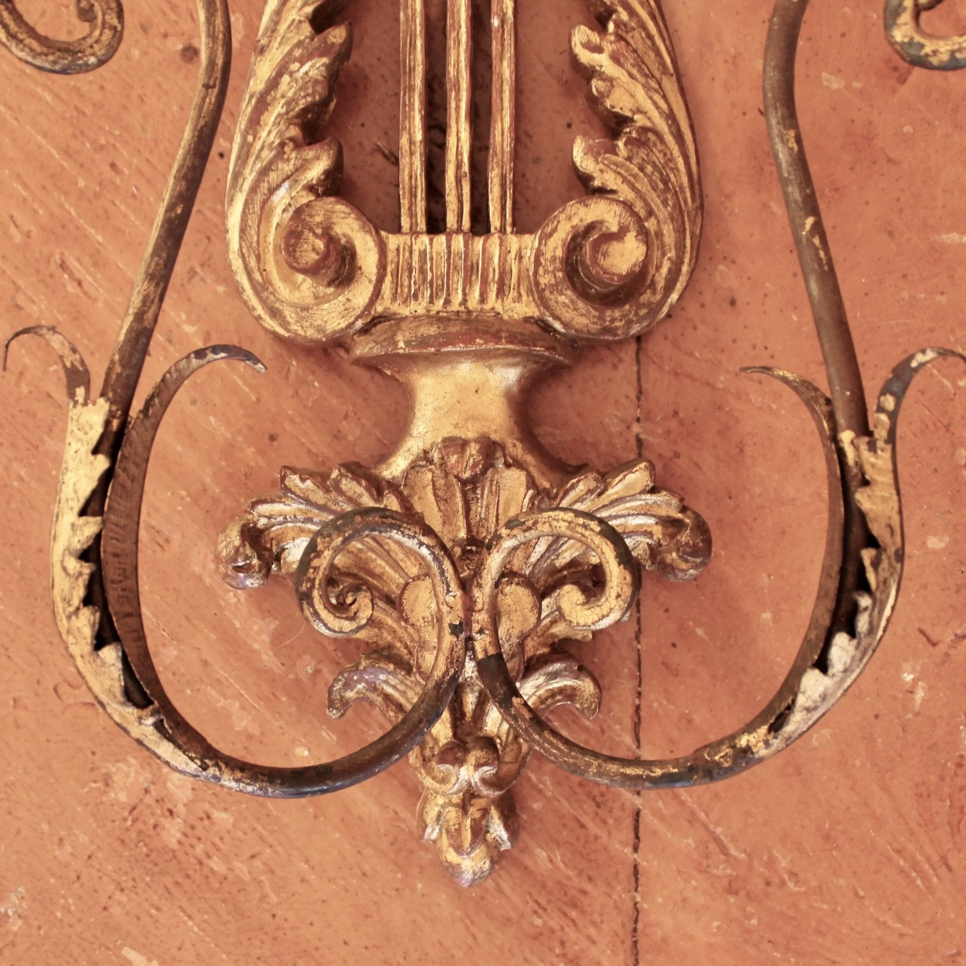 Pair of Italian Gilt Wood and Metal Lyre Candle Sconces