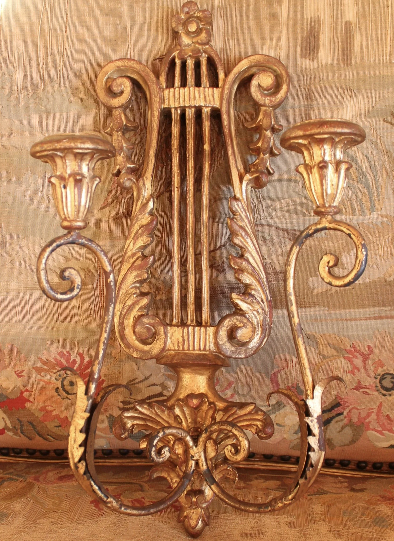 Pair of Italian Gilt Wood and Metal Lyre Candle Sconces