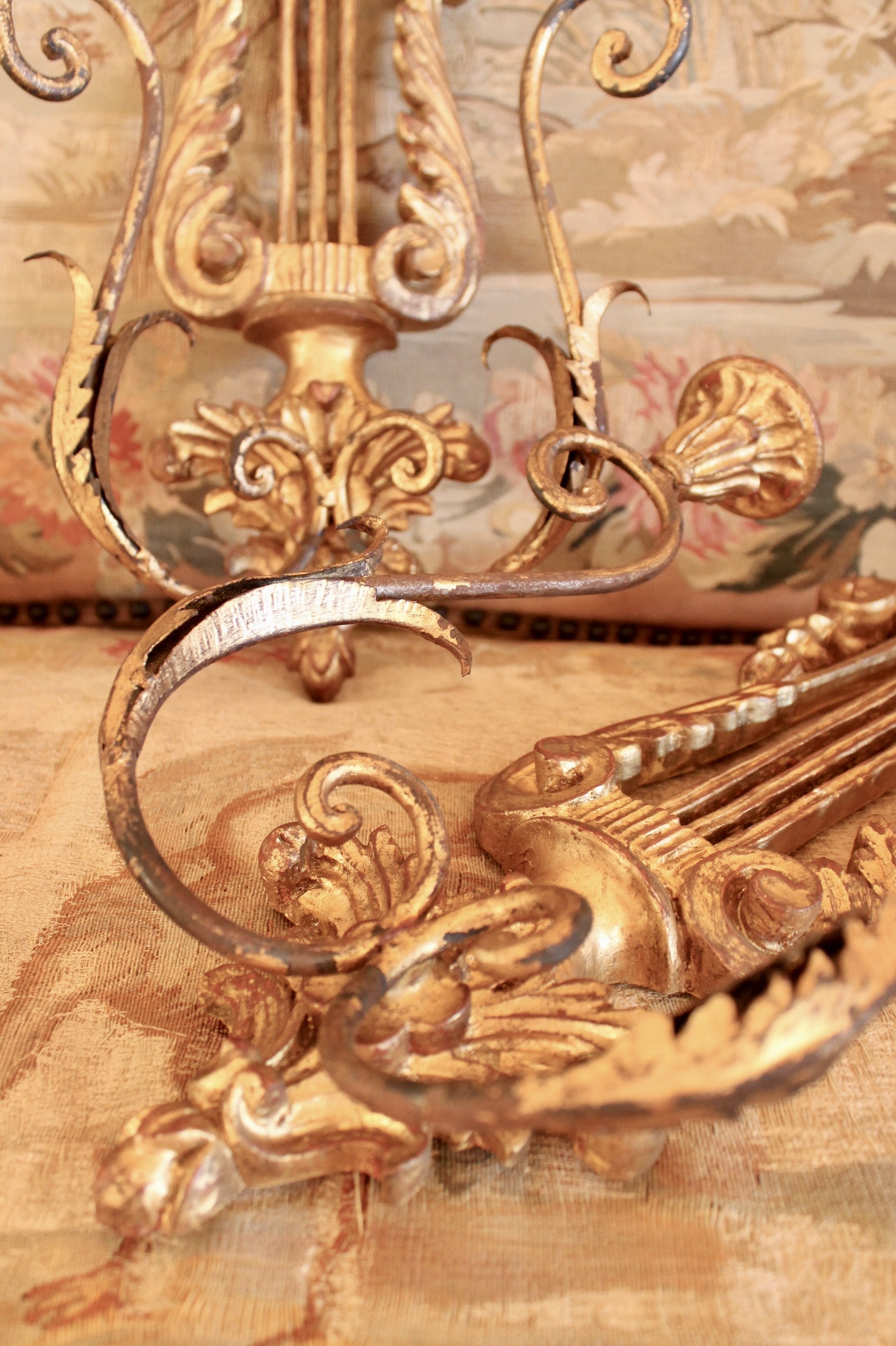 Pair of Italian Gilt Wood and Metal Lyre Candle Sconces