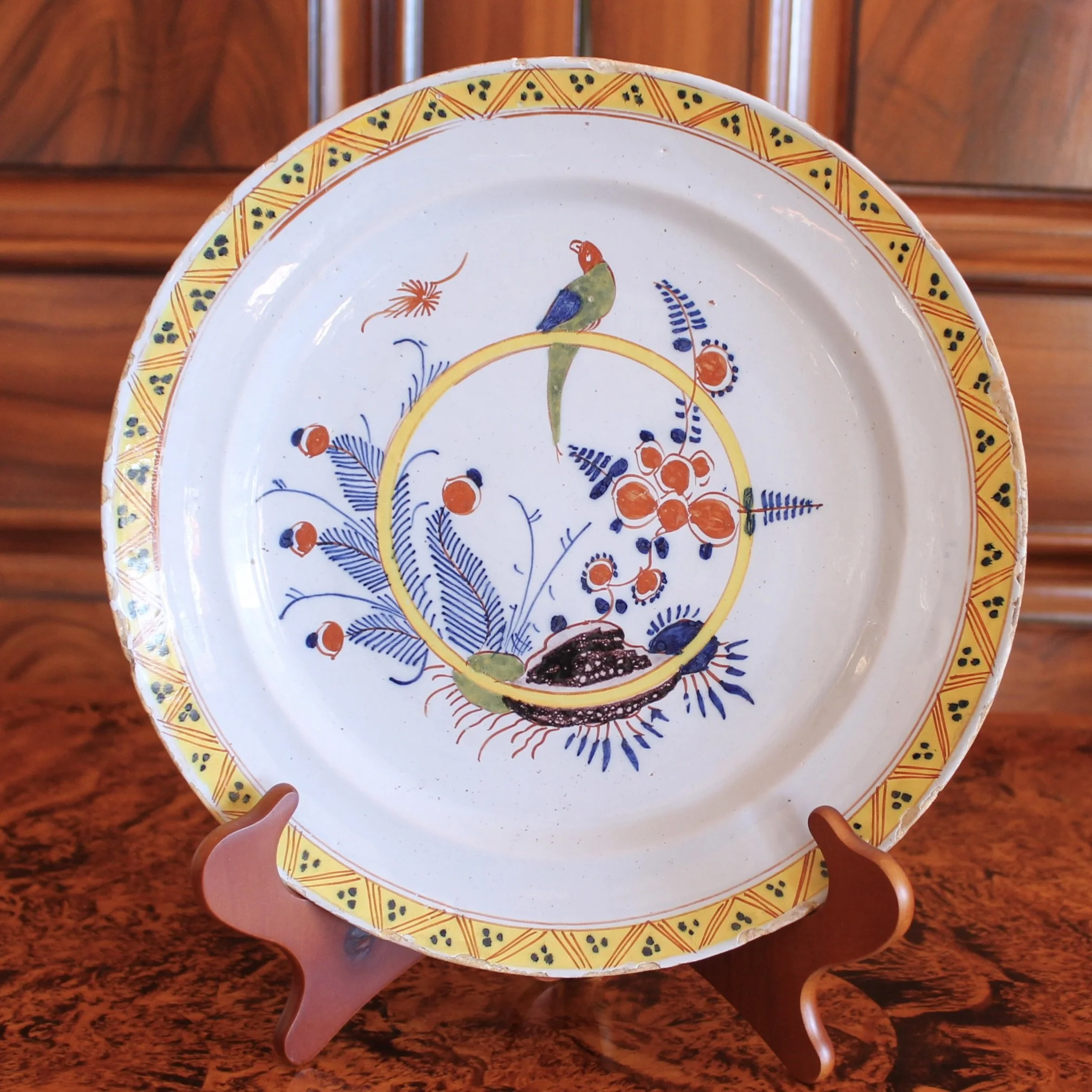 Large English Delft Charger with Parrot- 18th Century