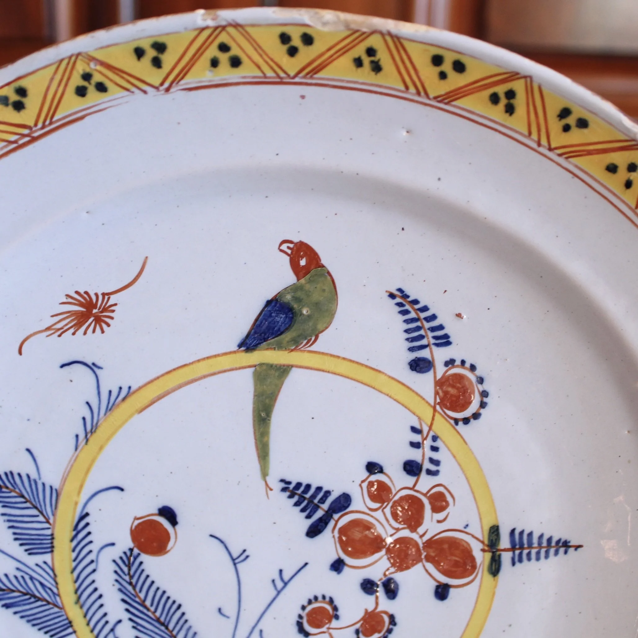 Large English Delft Charger with Parrot- 18th Century