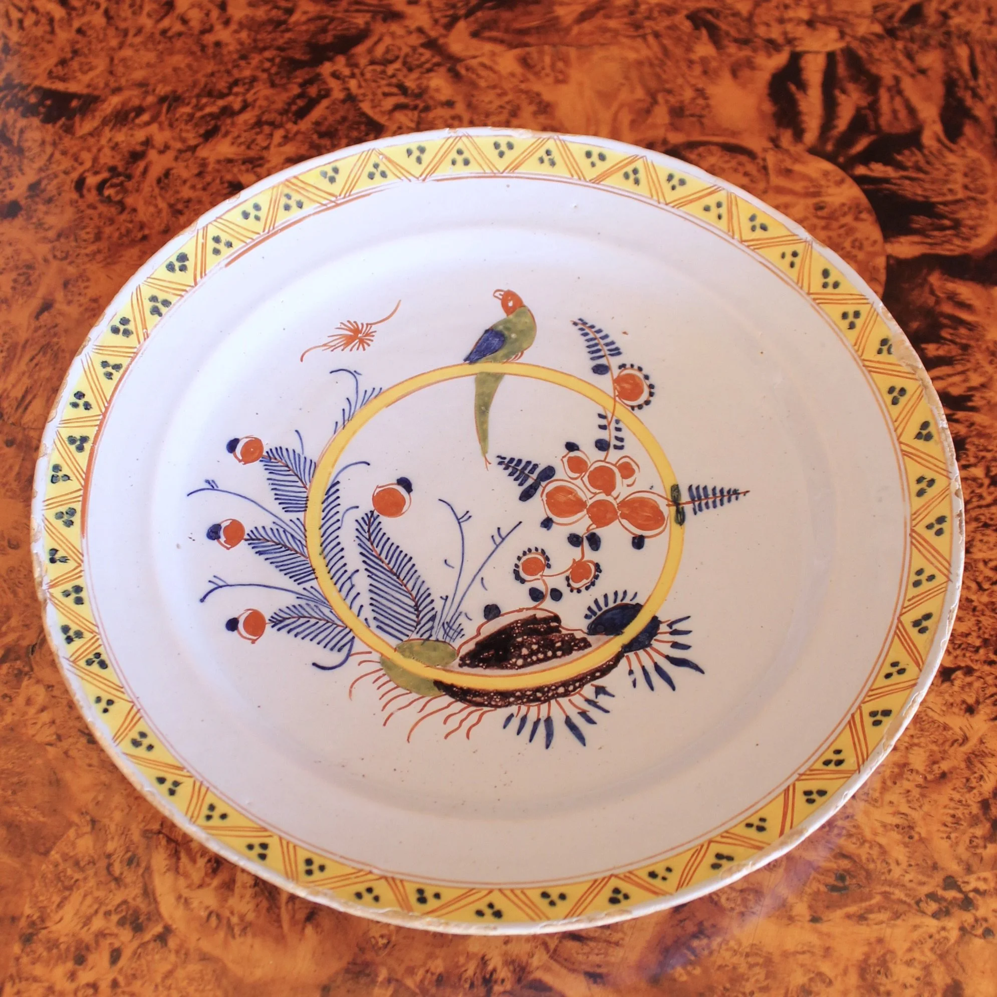 Large English Delft Charger with Parrot- 18th Century