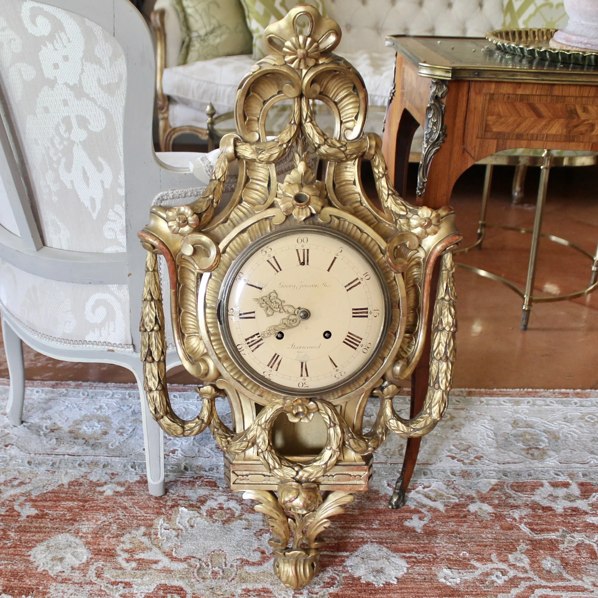 Swedish Gustavian Style Gilt Wood Cartel Clock, Georg Jensen Inc.