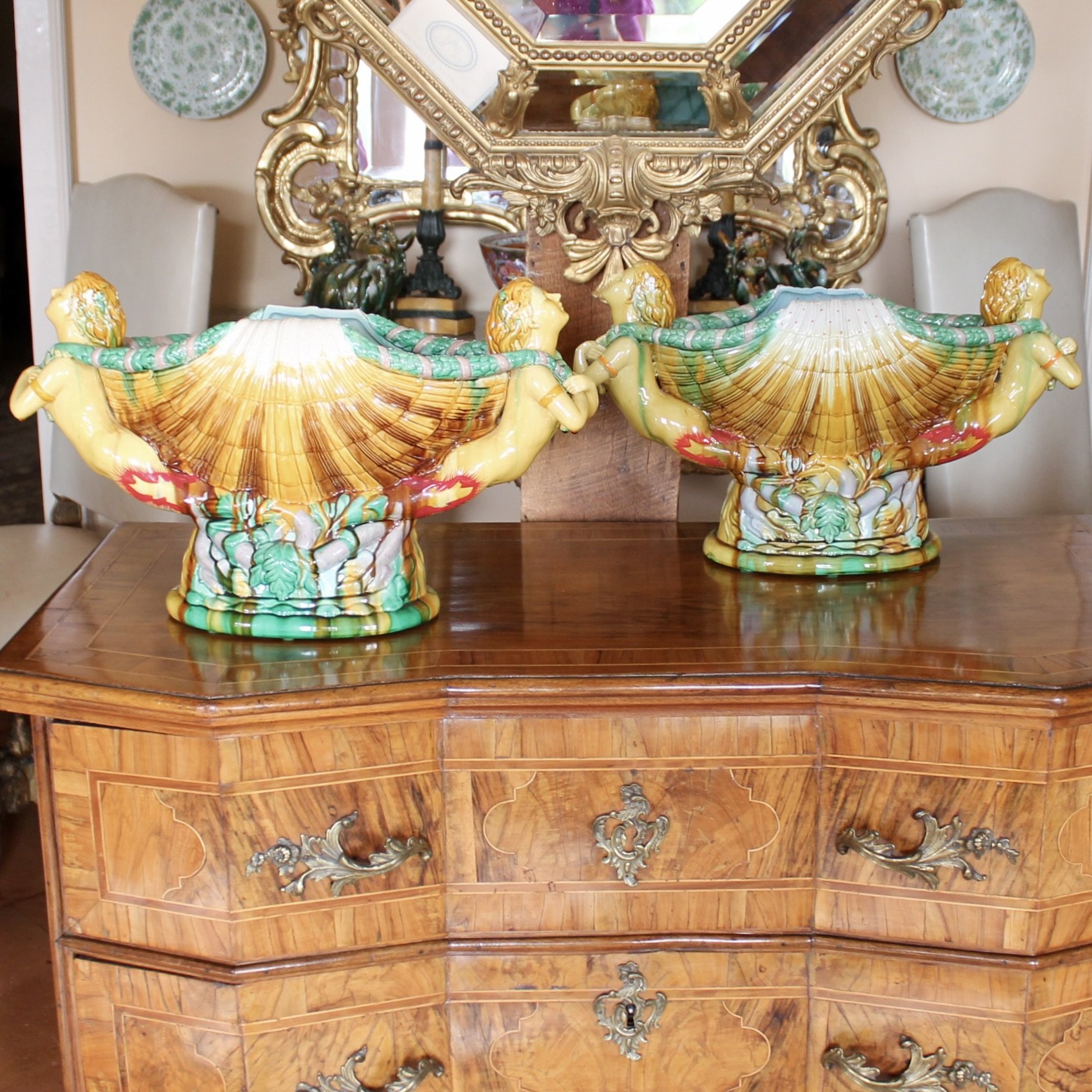 Pair Large Majolica Sea Shell Centerpieces  with Mermaid Caryatids after a Minton Design