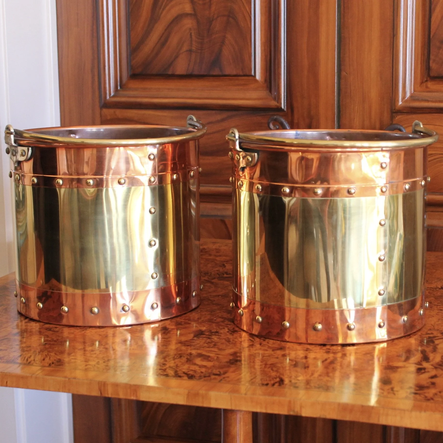 Pair of Copper and Brass Studded Kindling Buckets