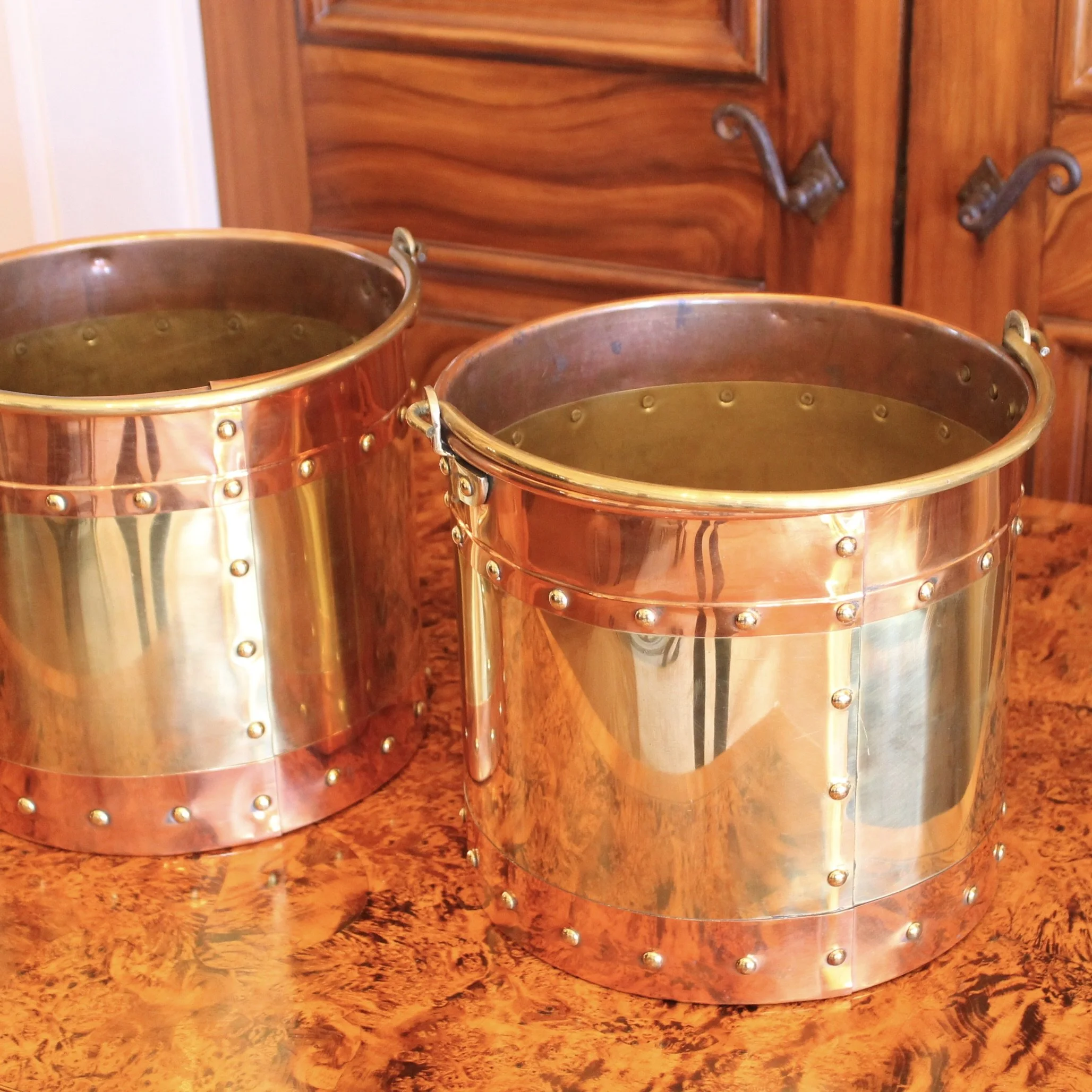 Pair of Copper and Brass Studded Kindling Buckets