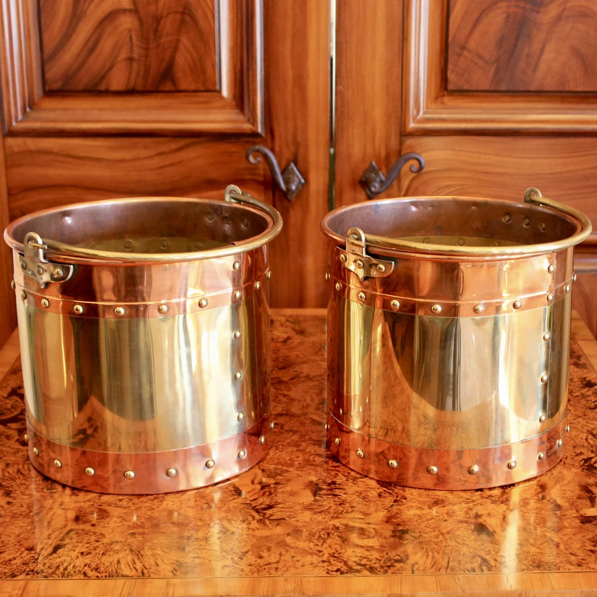 Pair of Copper and Brass Studded Kindling Buckets