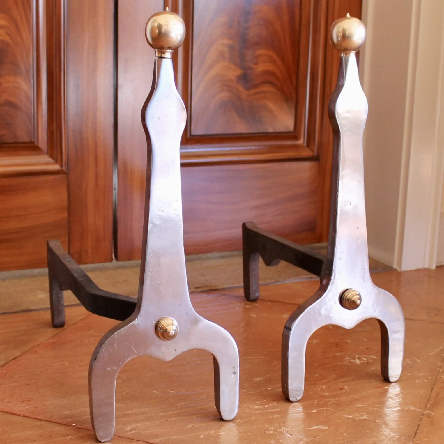 Modern Industrial Design Polished Steel and Brass Andirons