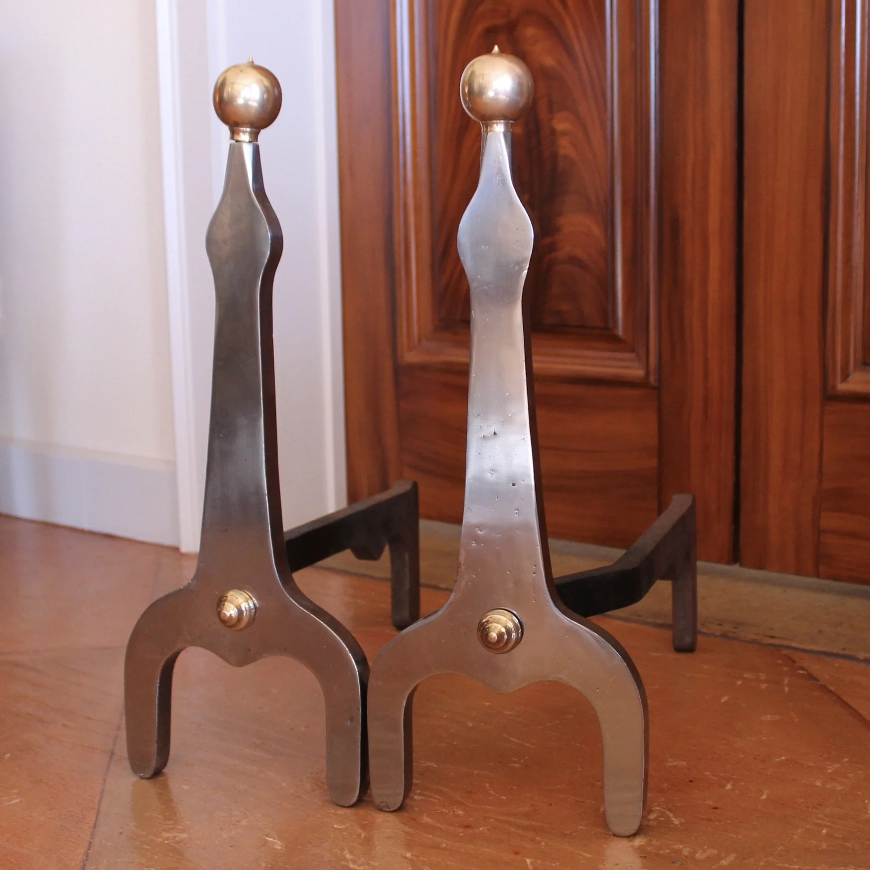 Modern Industrial Design Polished Steel and Brass Andirons