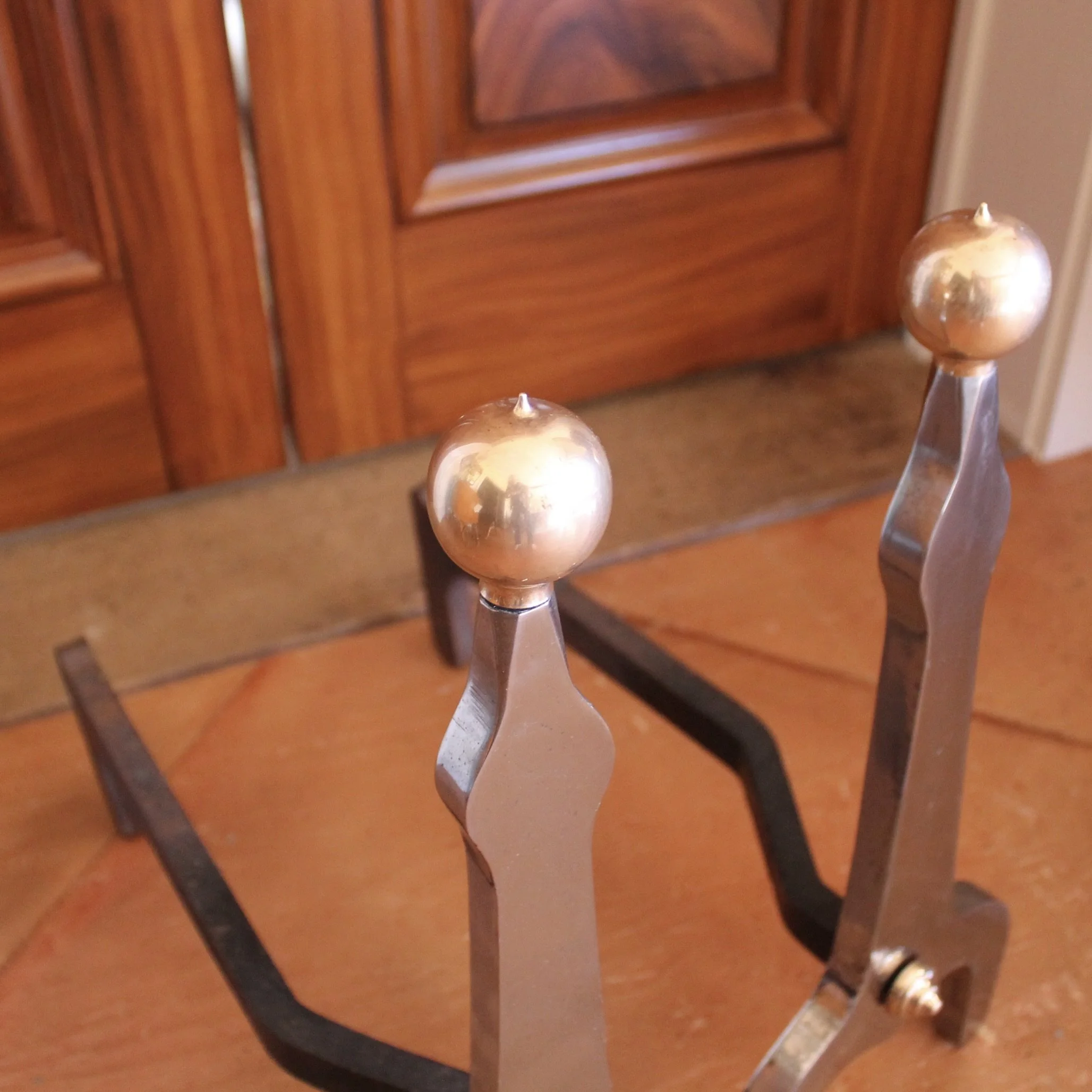 Modern Industrial Design Polished Steel and Brass Andirons