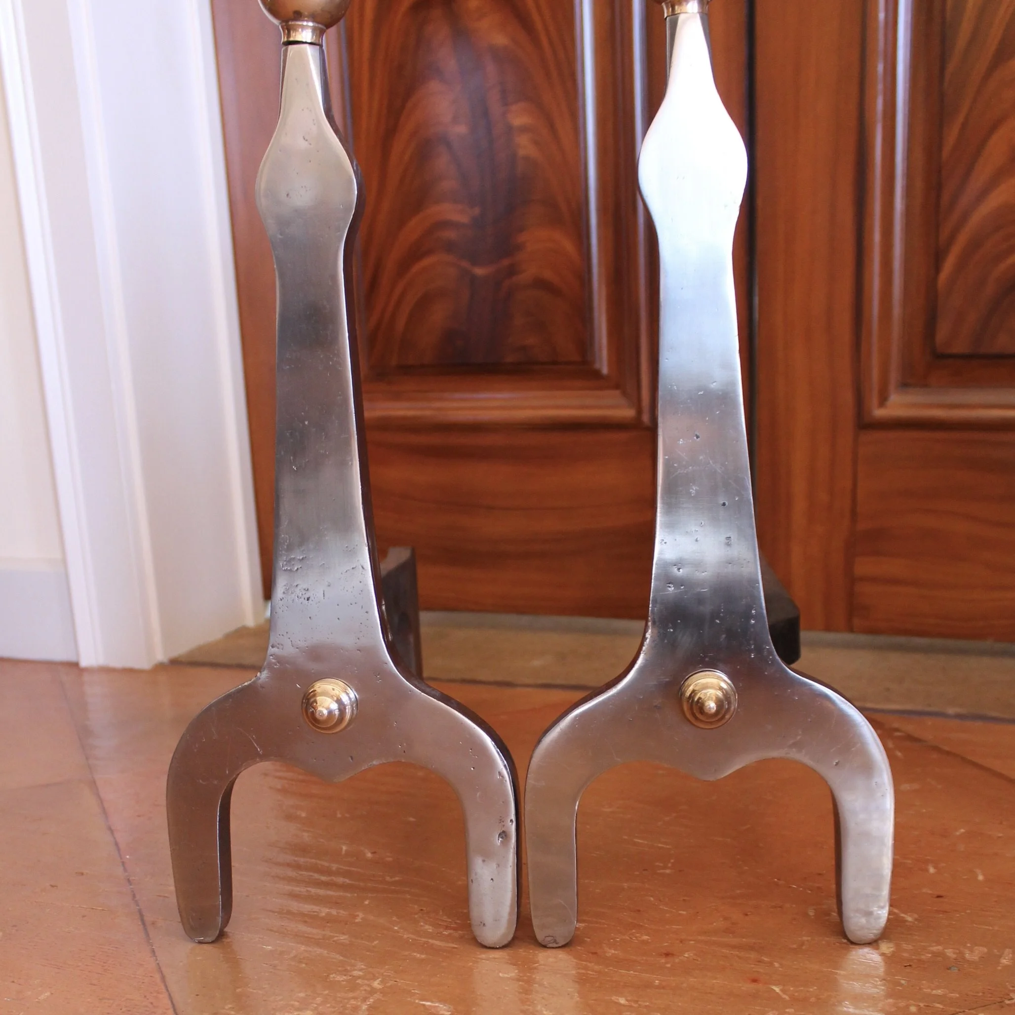 Modern Industrial Design Polished Steel and Brass Andirons