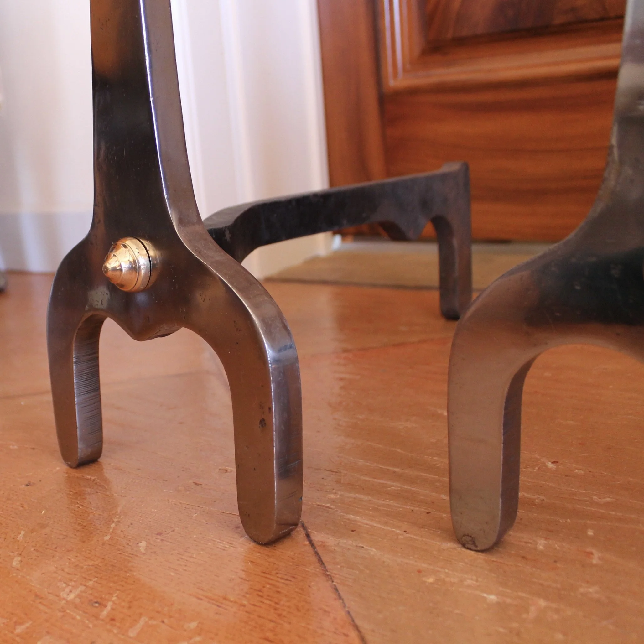 Modern Industrial Design Polished Steel and Brass Andirons