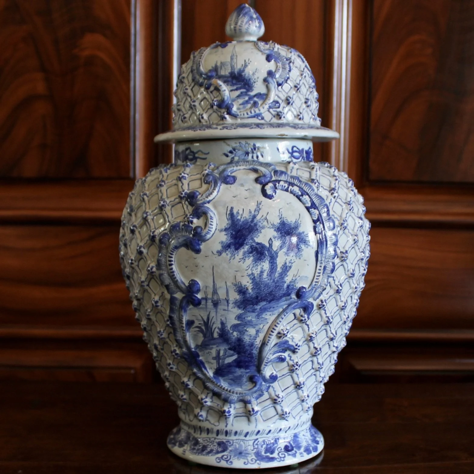 Delft Covered Jar with Latticework and Rosettes