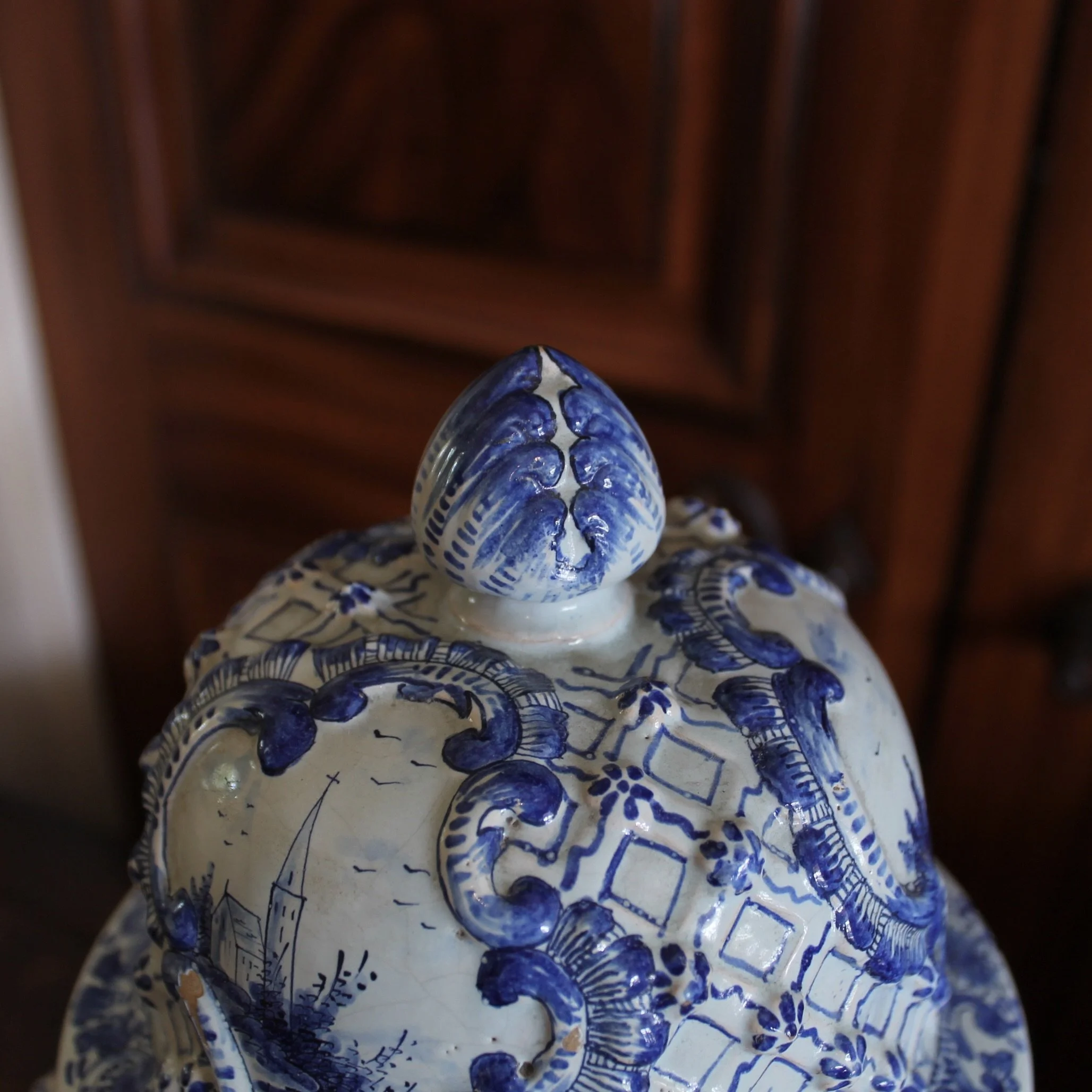 Delft Covered Jar with Latticework and Rosettes