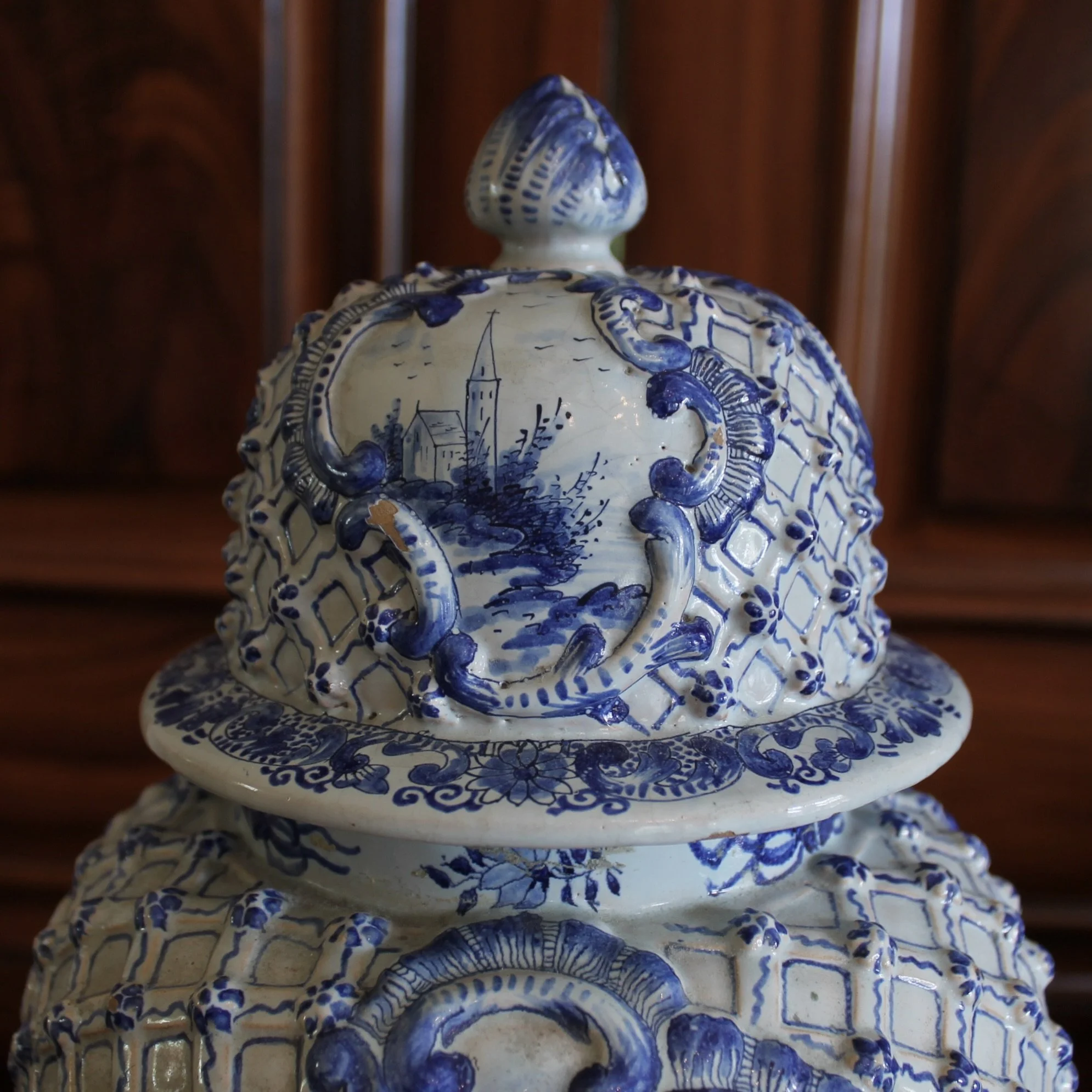 Delft Covered Jar with Latticework and Rosettes
